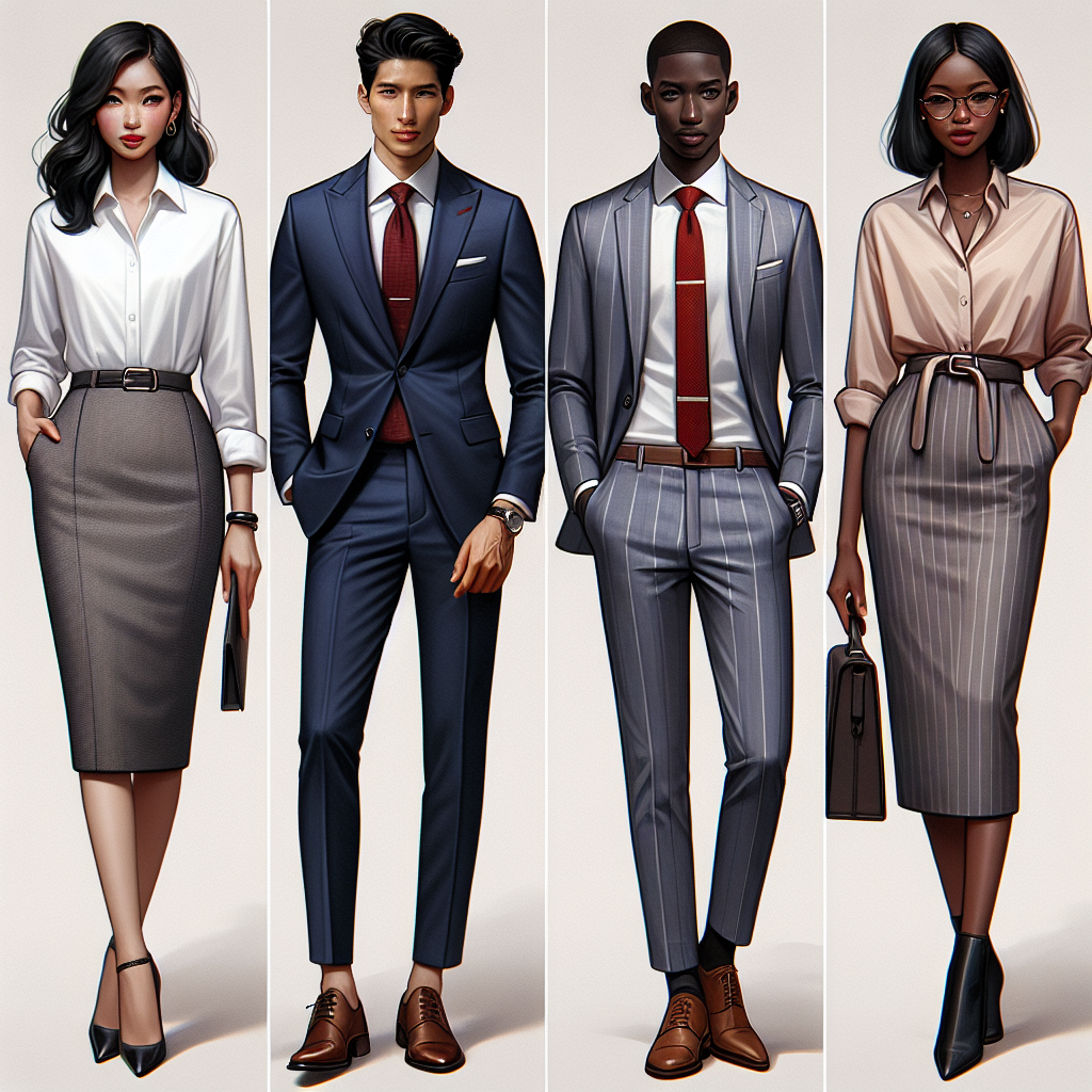 A collection of stunning, professional outfits appropriate for a court setting. The first outfit is on a female South Asian lawyer, comprised of a crisp white blouse and grey pencil skirt with polished black heels. The second outfit is on a male Hispanic barrister, featuring a navy blue suit, red power tie, and brown leather shoes. The third is on a black court reporter, including a stylish pinstripe pant suit paired with a pastel-colored blouse and ankle boots. Each individual exudes confidence and professionalism.