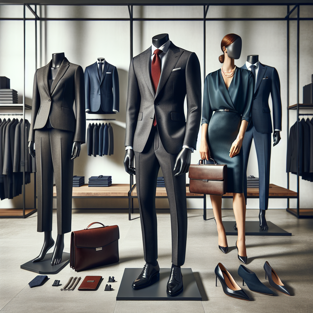 An array of professional attire displayed elegantly for a bank job interview. Picture a Caucasian woman in a sleek, tailored business suit in charcoal grey, a Black man in a crisply pressed navy-blue suit with a red tie, and a South Asian woman in a sophisticated business dress in a muted teal color. Accessories are chosen to complement each outfit - leather portfolio, cufflinks, pearl necklaces and high heel pumps. The background is a classy, minimalist retail clothing store, with neatly arranged racks of professional wear.