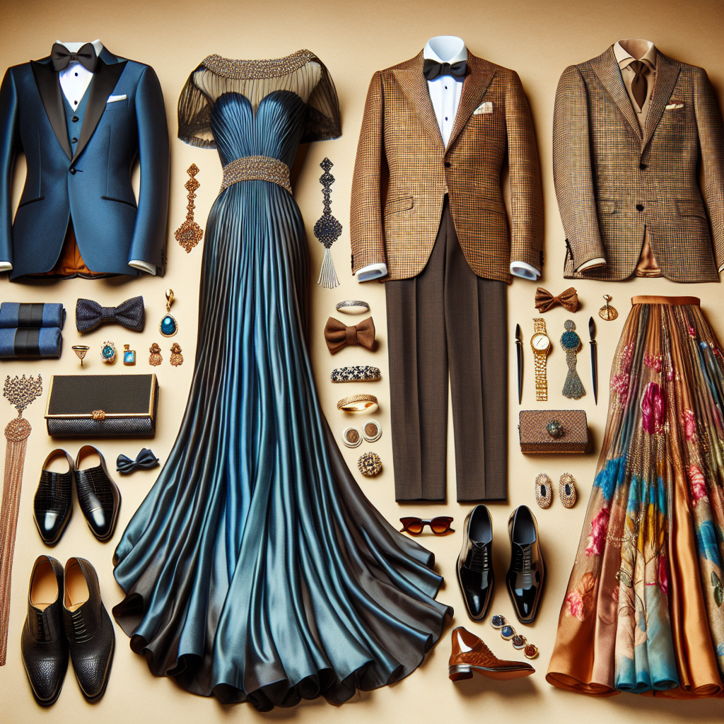 An array of elegant and fashionable attire suitable for formal fundraising events. This includes a beautiful black tuxedo, a stunning silk blue evening dress with a long flowing train, a three-piece checkered suit in earthy tones, and a vibrant floral-patterned cocktail dress. There is also an array of accessories such as tie clips, cufflinks, tasteful jewelry pieces, clutches, and polished shoes laid out complementing each outfit. The overall setting should embody an atmosphere of sophistication and elegance, perfect for high-profile fundraising events.