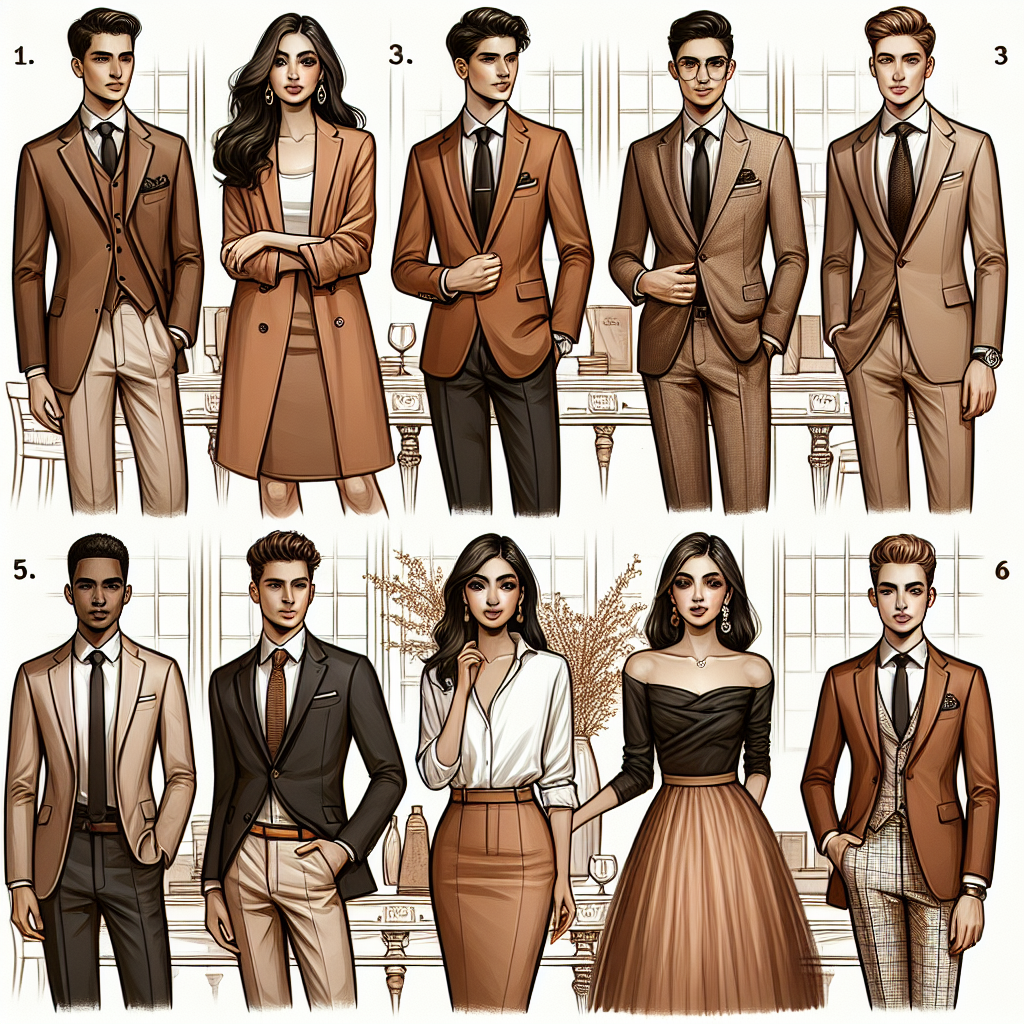 A fashionable display of six individual must-have looks for a brown jacket at formal restaurants. The first look should have a Caucasian man wearing a tailored brown jacket with a white shirt and black tie. The second look features an Hispanic woman pairing a brown jacket with a knee-length pencil skirt. The third display should have a Middle-Eastern man in a brown jacket and chinos for a semi-formal approach. The fourth setting portrays a Black woman in a brown jacket and elegant evening dress. The fifth and sixth looks should involve a South Asian man and a White woman respectively, with their unique combinations by blending the brown jacket with their formal wear.