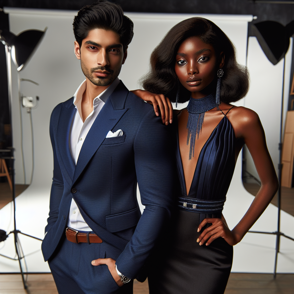 A creative scene of a South Asian man and a black woman standing together, both looking confident and fashion-forward. The man is wearing a tailored navy-blue suit, white shirt, and a coordinating pocket square. The woman is in a gorgeous formal dress, elegantly tailored to accentuate her form, paired with a statement necklace and high heels. Their attire represents the perfect mix of professional and stylish. The backdrop includes a well lit professional photography studio with various equipment around them to signify the context of professional photos.
