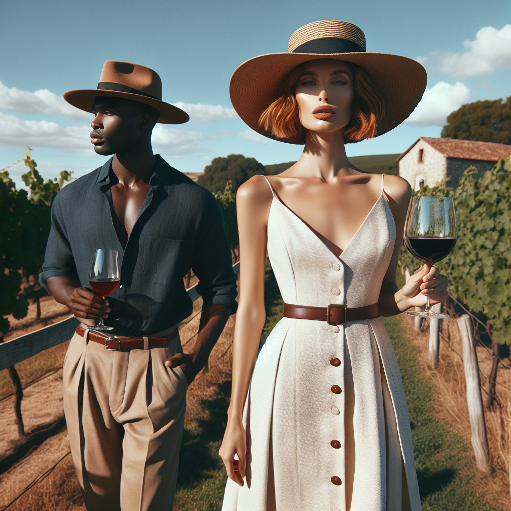 Stunning Outfits for Winery Tours: Effortless Elegance Visualize a scene featuring a Caucasian woman with a stylish auburn bob hairstyle wearing an elegant cream colored midi dress paired with a light tan wide-brimmed hat, holding a glass of red wine in a classic vineyard setting under a sunny sky. Next to her stands a Black man in a casual yet sophisticated navy linen shirt unbuttoned to reveal a crisp white tee underneath, paired with relaxed fit khaki trousers and brown loafers. The background reveals lush grapevines stretching towards a charming rustic winery building in the distance.