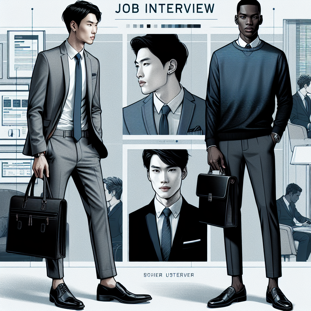 Essential Guide: What to Wear to a Male Interview An image showcasing dynamic fashion advice for a job interview meant for men. The primary focus has an Asian man in a well-tailored gray business suit, holding a leather briefcase, accentuated by a blue necktie and polished black shoes. Another figure is a Black man portraying a business-casual style, sporting a crew-neck sweater paired with dark slacks and neat loafers. The background features graphical elements related to job interviews like resumes and meeting rooms, subtly blended to increase visual interest. The tones used should be professional and sleek to convey the importance of the event.