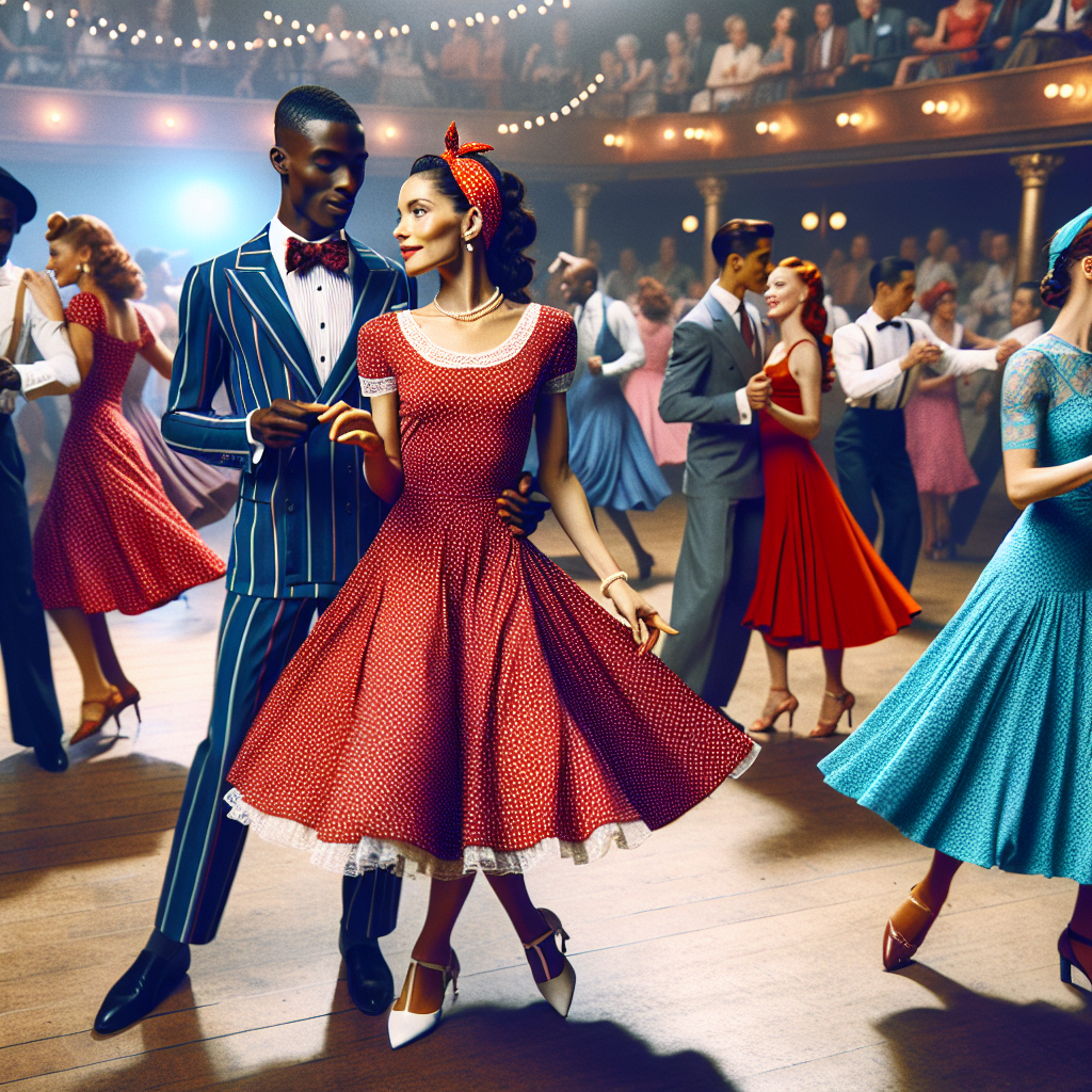 Stunning Outfits for Swing Dance: Effortless Elegance Imagine a scene at a lively swing dance event, filled with dancers dressed in stylish and stunning outfits that embody effortless elegance. In the center, a woman of Hispanic descent is wearing a breezy, polka-dotted swing dress in vibrant red, accentuated with a matching hairband. Her partner, an African man, dons a classy navy blue suit with a carefully tied bowtie. On the sidelines, a Caucasian lady in a turquoise dress with lace details enthusiastically watches them. Around them, diverse dancers immerse in the rhythm, their outfits echoing the retro charm of the swing era.