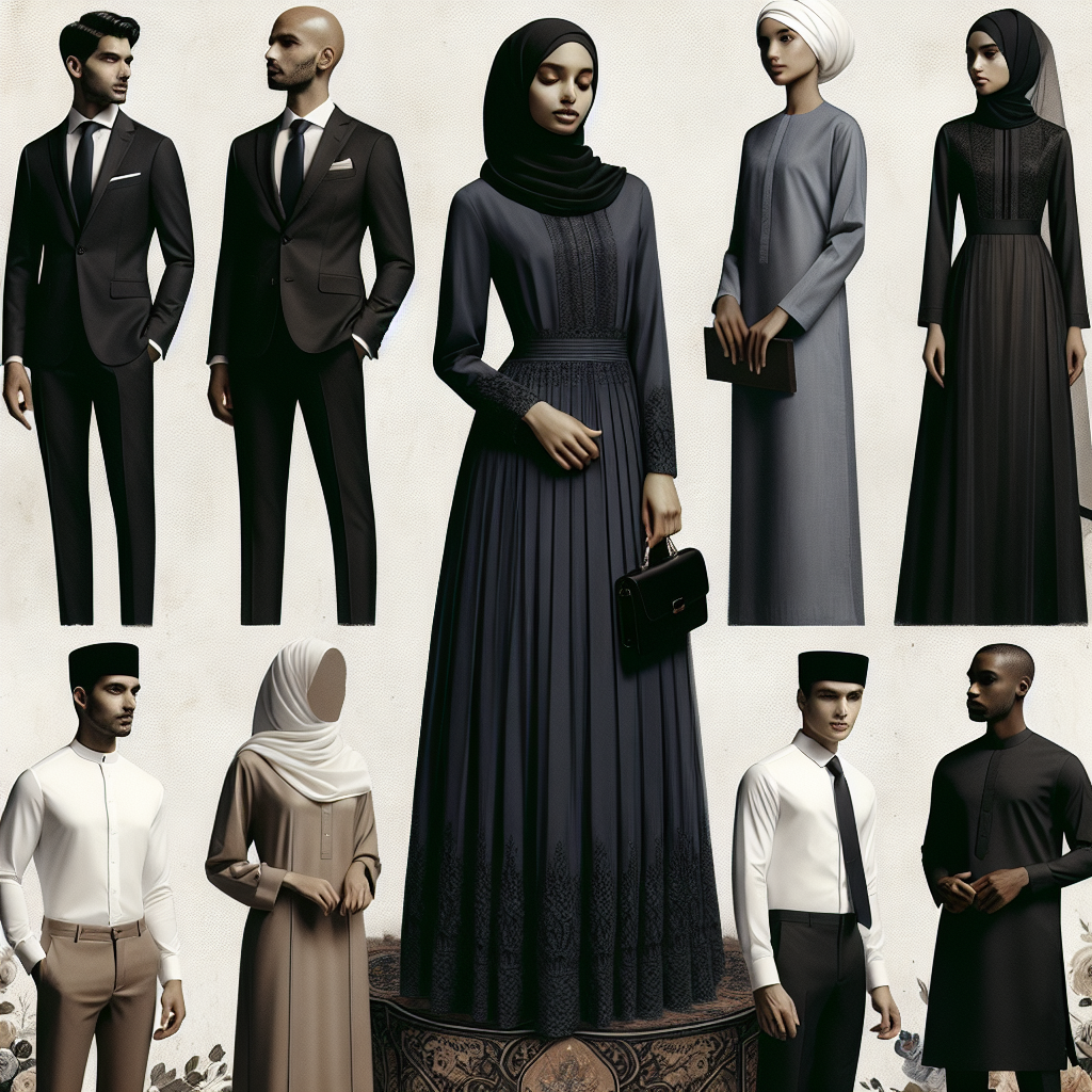 An impressive collection of respectful, classy and stylish outfits that are ideal for a Celebration of Life Service. It includes detailed descriptions of the outfits: a black, coordinated suit with a solid-color tie for a Caucasian man; an elegant, knee-length, solid navy blue dress sewn from chiffon for a South Asian woman; a formal, white linen shirt with a matching pant for a Middle-eastern man; and finally a modest, yet stylish pantsuit in a neutral color paired with a black blouse for a black woman. The mood should be solemn yet hopeful, celebrating the vibrancy of life amidst its end.