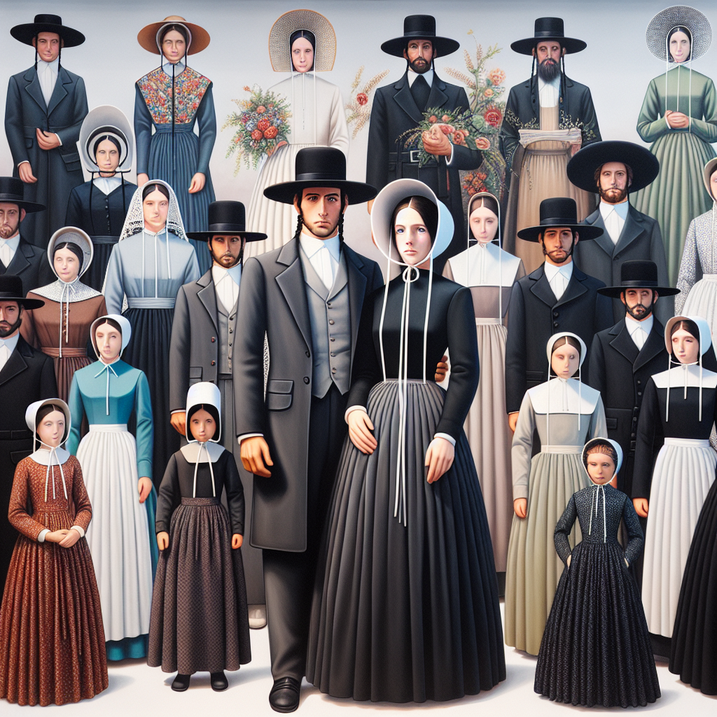 Stunning Outfits for Amish Weddings: Dress to Impress A beautifully detailed tableau of Amish wedding attire. On one side, there's an elegance yet simplicity to a man's outfit, comprising a black suit, white shirt, and black hat, revealing his Middle-Eastern descent. On the other side, an Asian woman, resplendent in her dark, modestly ornamented dress, white apron, and black bonnet. In the middle, eclectic varieties of wedding outfits, celebrating diversity with individuals of different genders and descents, such as Hispanic, Black, and Caucasian. A imbue of tradition, modesty, and charm encompasses the scene.
