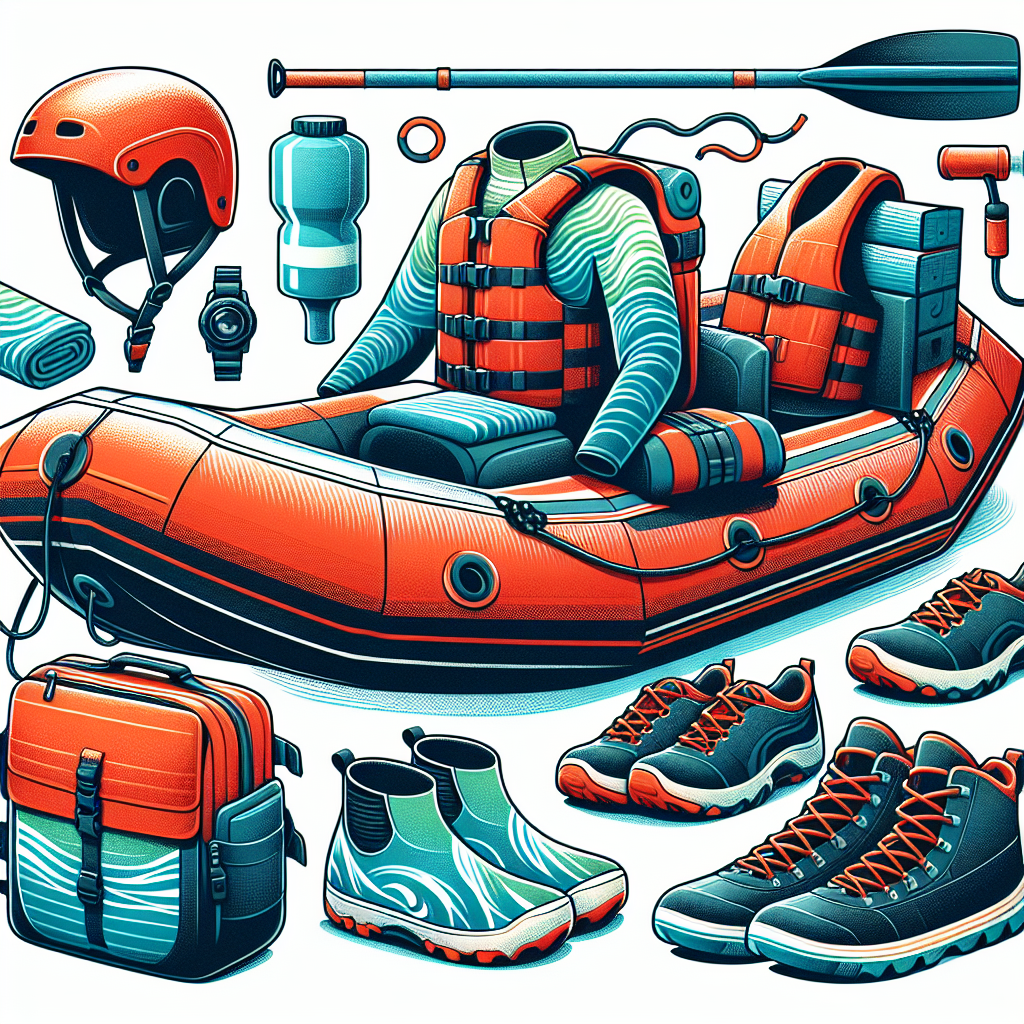 Illustration of essential rafting gear displayed aesthetically. Include a lightweight, durable raft in bright red color, a safety helmet and life vest in eye-catching turquoise, a pair of high-grip water shoes in sleek black, and a waterproof backpack in vibrant orange. For added style, depict the helmet embellished with white water-inspired stripes and the raft with a custom blue wave pattern. Ensure the layout is harmonious, expressing comfort and style. The image should capture the thrill and adventure of rafting while emphasizing safety and utility.