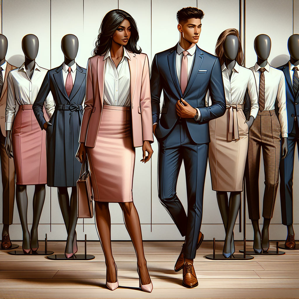 Visualize an array of stunning and professional outfit options for a teacher's job interview. In the foreground, depict a South Asian woman wearing a blush pink blazer and a white blouse, complemented by a pencil skirt and a pair of matching heels, standing as if she is confidently presenting herself. In the middle ground, show an African American man in a tailored navy-blue suit paired with a pastel blue shirt and classy leather shoes, standing as if he's engaging in a conversation. Finally, for the background, display an array of mannequins dressed in impressive teacher-friendly attires, demonstrating a spectrum of effortless styles to consider.