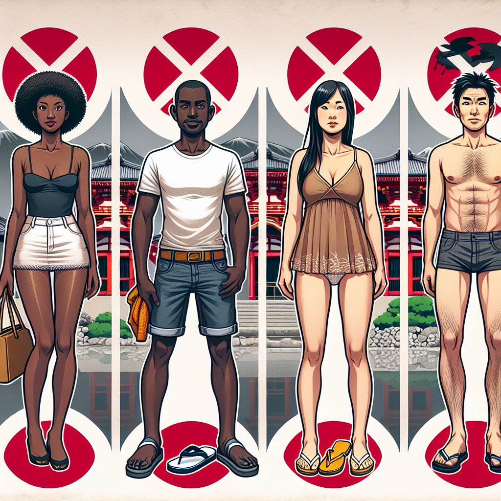 A visual guide presenting what not to wear when visiting Japan. This image is divided into sections, each showing a piece of unacceptable tourist attire. An African descent woman in a miniskirt, a Middle-Eastern descent man in flip-flops, an Asian descent woman in a revealing tank top, a Caucasian man in overly casual shorts &ndash; each against a backdrop of typical Japanese scenery. The individuals look slightly puzzled or embarrassed. Each section also has a clear, red crossed circle indicating 'not allowed'. Make use of muted colours, to respect the overall Japanese aesthetics.