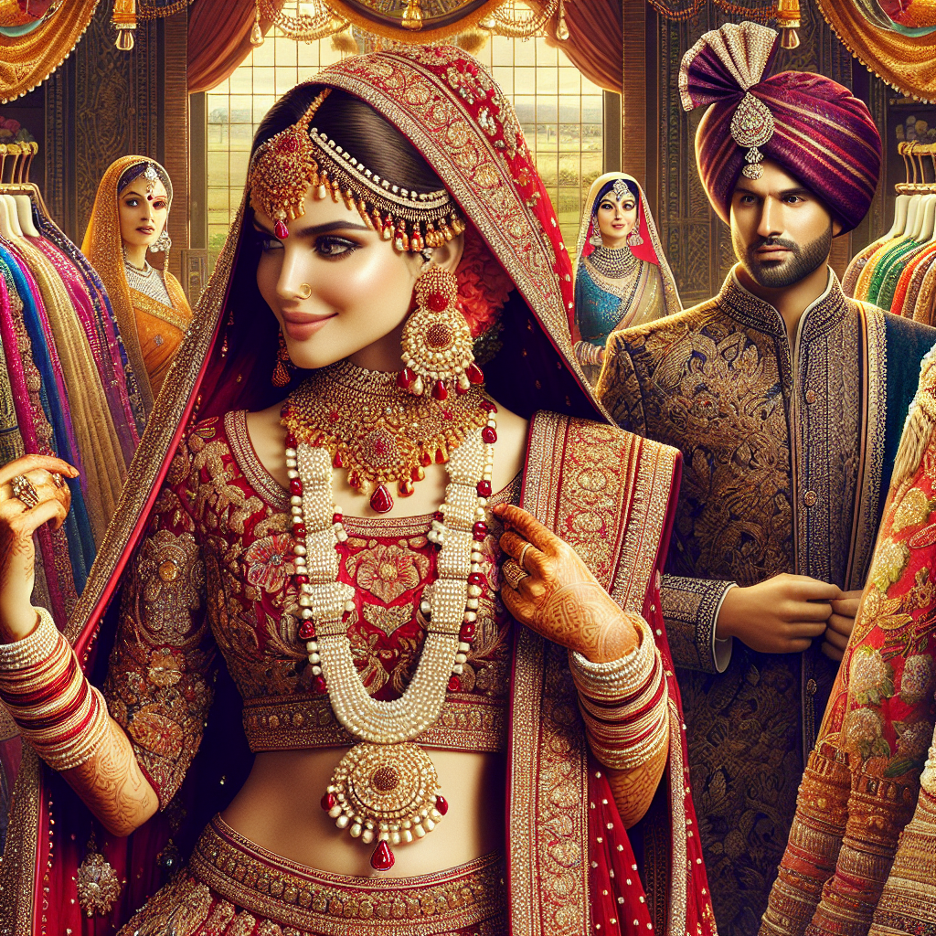 Stunning Hindu Wedding Attire: Find Your Perfect Fit A vibrant scene of a traditional Hindu wedding, illustrating an array of stunning wedding attire sure to inspire. In the foreground, a South Asian bride radiantly adorned in a heavy red and gold embroidered lehenga and matching jewelry is adjusting the edge of her dupatta, her eyes reflecting an air of anticipation. A few steps away, a Middle Eastern groom in a richly decorated sherwani, paired with a maroon turban and pearl string necklace glances towards his bride with a warm smile. Around them, family members dressed in a variety of elegant ethnic attires browse through perfectly lined up pieces of exquisite bridal and groom wedding ensembles.