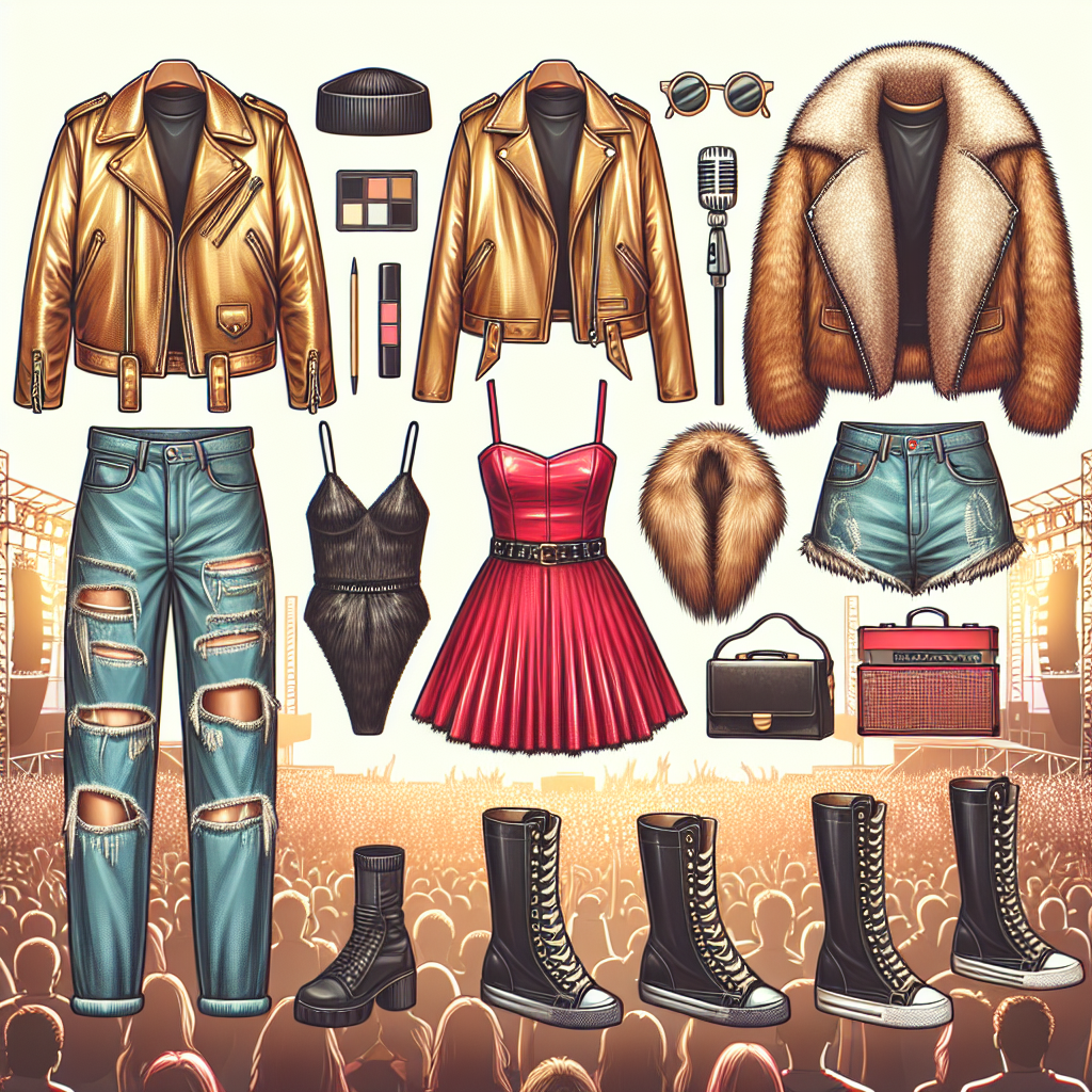 Stunning Outfits for a Chris Brown Concert Create an image showcasing a variety of stylish concert outfits fit for seeing a famous pop-r&b singer. If it were an evening event, imagine casual but chic clothing including gold leather jackets, ripped denim and trendy sneakers. The outfit for the ladies could be a flash of color with a red mini dress paired with black knee-high boots. To keep warm, a faux fur jacket could be attached. Also, don't forget the large, engaging music festival crowd setting in the background, all dressed up and excited.