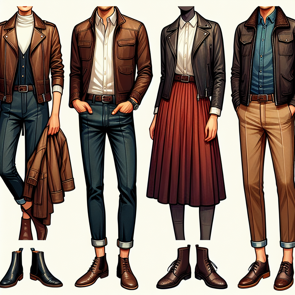 Visualize an array of stylish outfits incorporating a brown leather jacket. The first outfit features a Caucasian woman in a brown leather jacket, a chic black dress, and shiny black ankle boots. The second image showcases a Middle Eastern man combining the jacket with a crisp white shirt, indigo jeans, and burgundy desert boots. The third look is worn by a Black woman, pairing the jacket with a vibrant red skirt and tall brown boots. The final ensemble includes a South Asian man sporting the jacket over a denim shirt, accompanied by khaki chinos and leather loafers.