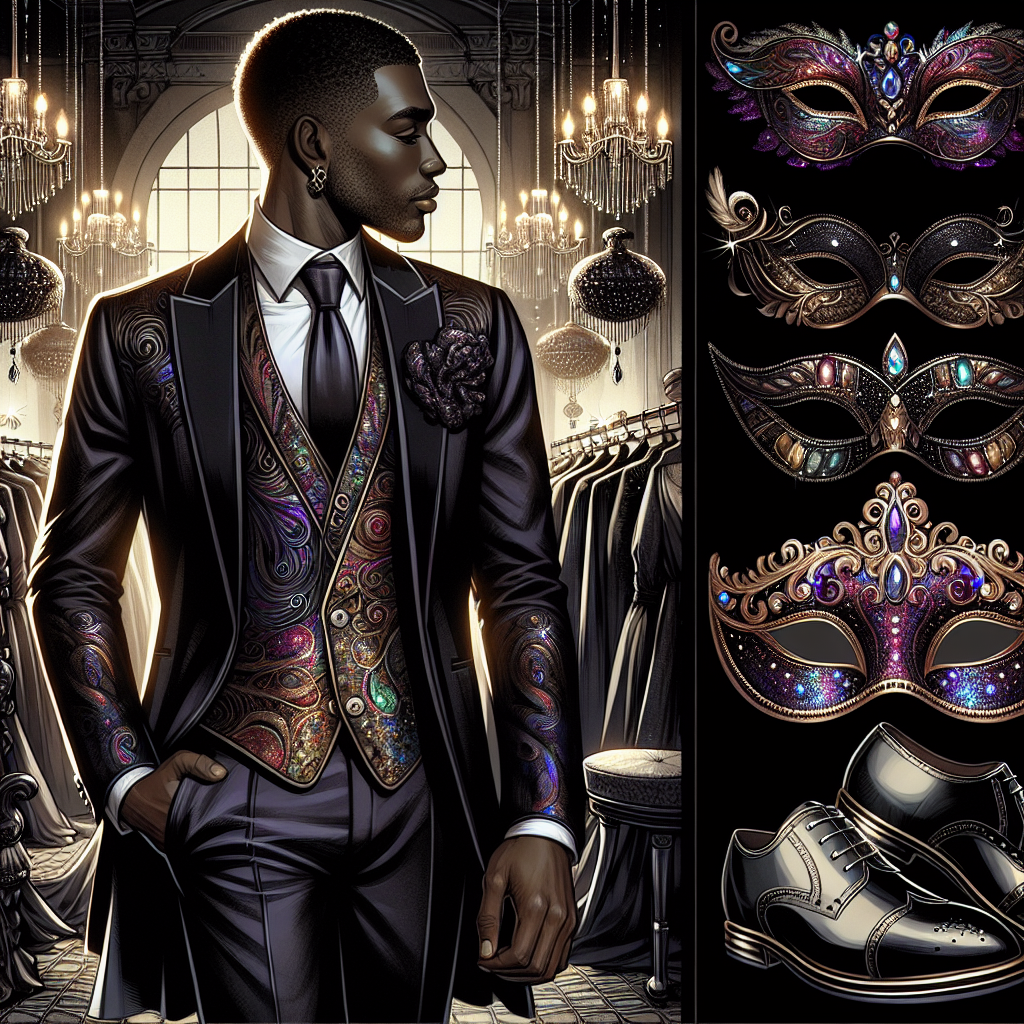 Must-Have Masquerade Attire: Men’s Effortless Guide Visualize a scene showcasing must-have masquerade attire for men. Imagine the picture is divided into three panels. The first panel depicts a detailed close-up of intricately designed masks engulfed in shades of rich velvet and iridescence. The second panel captures a fashionable man adorned in a well-tailored suit, exhibiting a distinct balance of elegance and style, he should be of Black descent. In the final panel, visualize shoes with polished black leather and decorative motifs. The overall color scheme should imbibe the mystique and allure of a Masquerade ball with hues of blacks, purples, and gold.