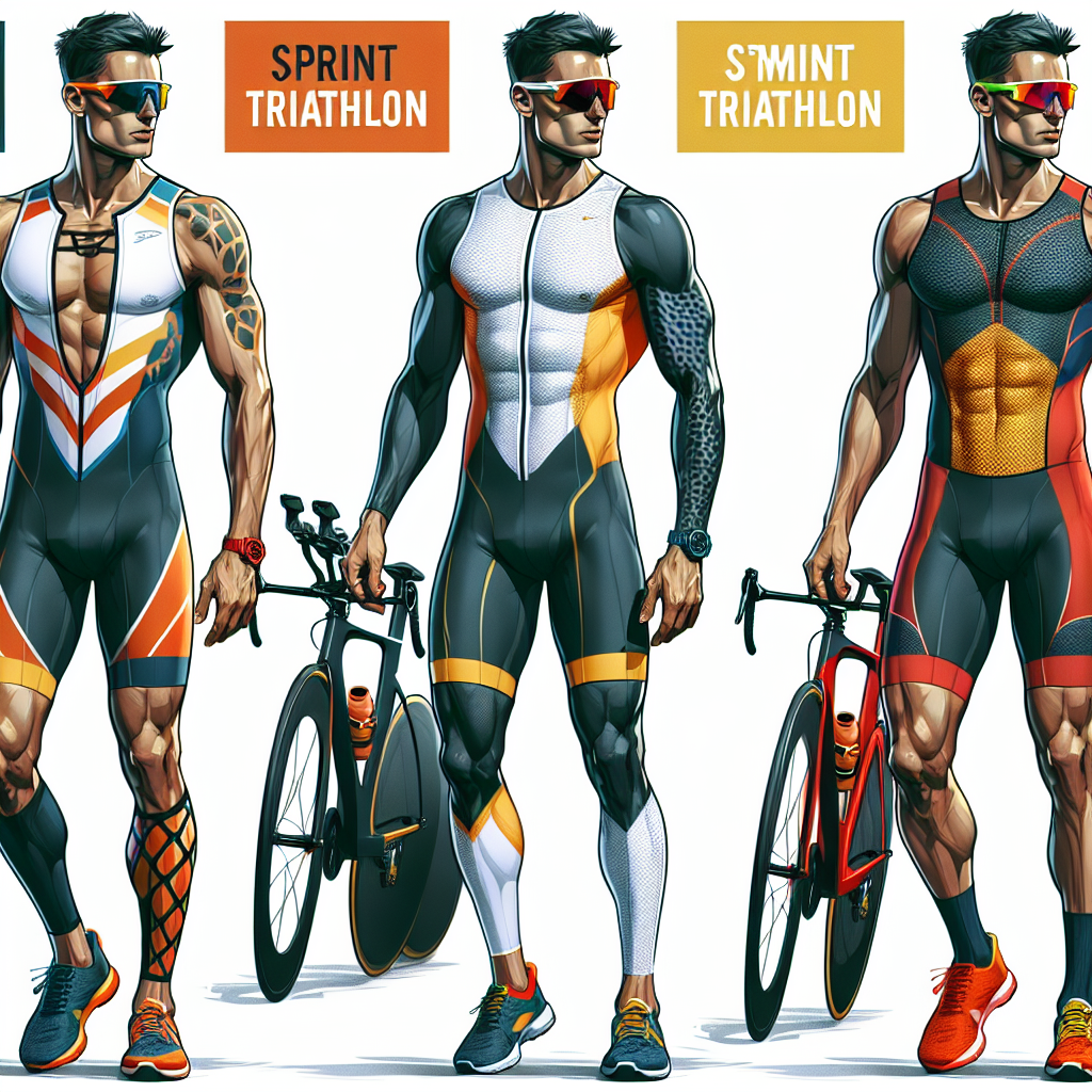 Create a detailed image showcasing a selection of stunning sprint triathlon outfits. Include three different styles: one for a male athlete of South Asian descent, one for a female athlete of Caucasian descent, and one for a non-binary athlete of Middle-Eastern descent. Each outfit should show an effortless blend of comfort, functionality, and style, composed of appropriate gear for swimming, cycling, and running phases of a triathlon. Reflect bold color combinations and innovative material use in the portrayal of these outfits.
