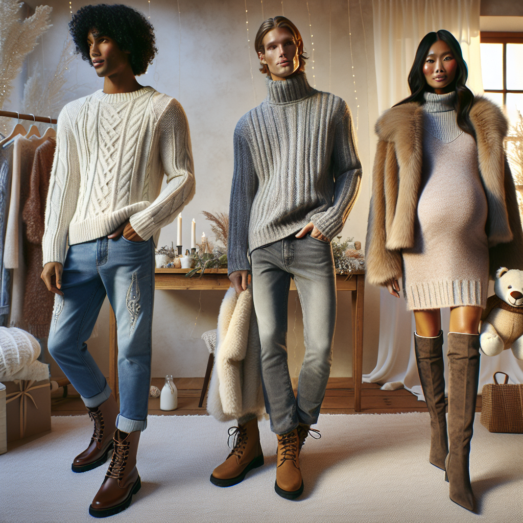 Must-Have Outfits for January Baby Showers A baby shower event held in January. The scene shows three individuals showing off their must-have outfits for such occasion. One individual, a biracial male, is wearing a cashmere sweater and thermal jeans, complemented with leather boots. The second person is a Caucasian female in a pastel-colored woollen dress paired with knee-high suede boots, carrying a faux fur coat. The third person, a South Asian woman, sports a stylish maternity outfit: a cozy turtleneck tunic and leggings, paired with ankle boots. The ambiance of the scene is warm and festive, with soft white decorations reminiscent of winter.