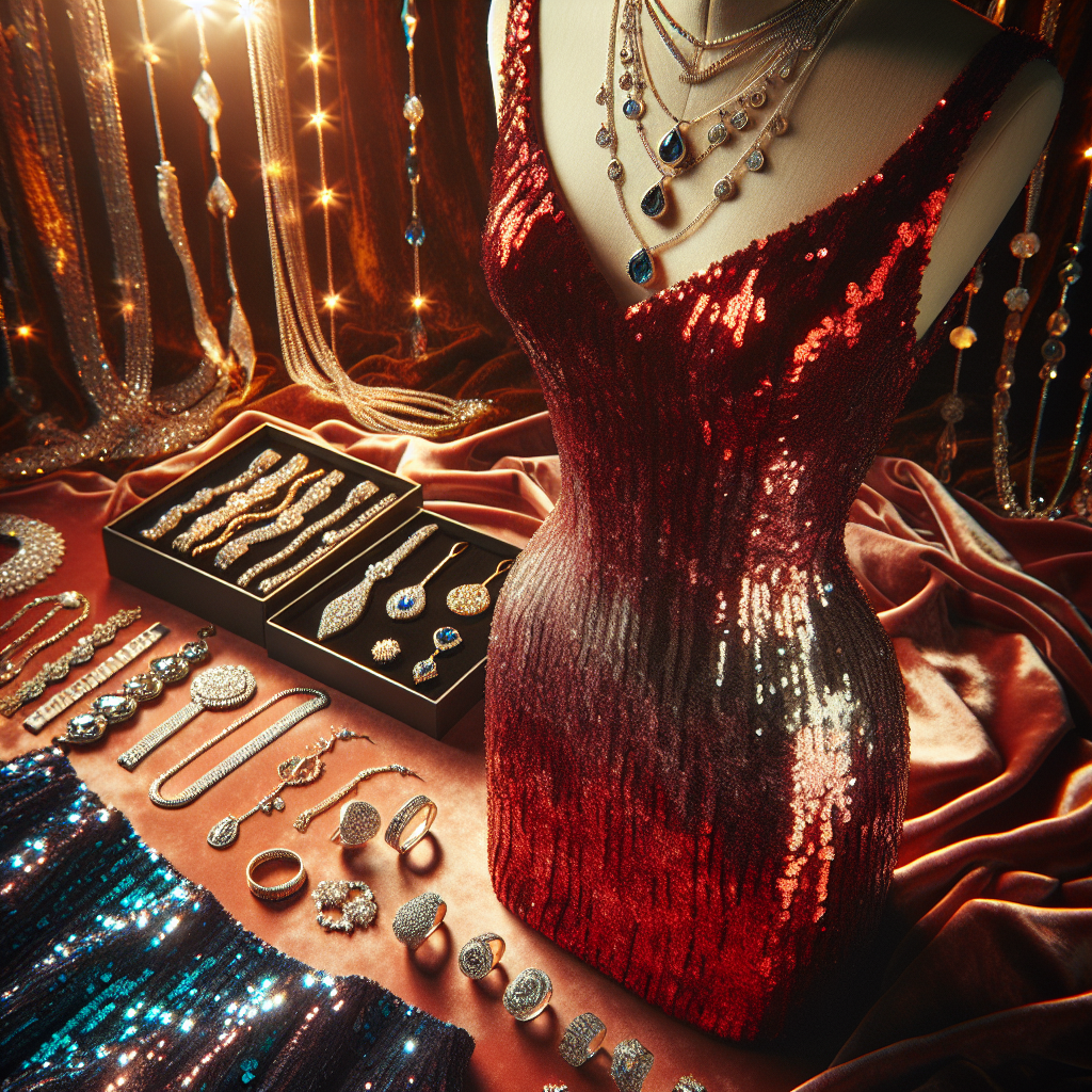 As an image description for an article on must-have jewelry for sequin dresses and effortless glam, visualize a sequin dress in a vibrant color such as fiery red or royal blue. The dress is draped elegantly on a mannequin. Next to it, on a velvet mat, lies a dazzling collection of jewelry - layered necklaces with pendant charms, delicate bracelets with glittering gemstones, statement earrings with intricate designs, and cocktail rings that show off various precious stones. The lighting is soft, bringing out the sparkle in both the dress and the jewelry. The aesthetics are luxurious and chic, conveying the allure of effortless glam.