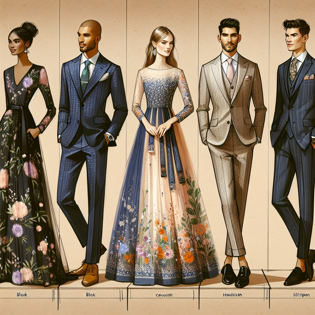 Stunning Wedding Guest Outfits: Find Your Perfect Match! Create an image showcasing an array of wedding guest outfits. The display should feature four individuals each wearing a unique style suited for a wedding event. The first person, a Black woman, is shown in a floor-length floral-print dress. The second individual, a Caucasian man, is wearing an attractive tailored suit in dark navy blue with a pastel-colored tie. A glamorous South Asian woman is seen in an elegant traditional Anarkali. Lastly, an Hispanic man is dressed in a smart-casual suit with a complementary pocket square. The scene should evoke elegance and variety, reflecting the unique personal style of each individual.
