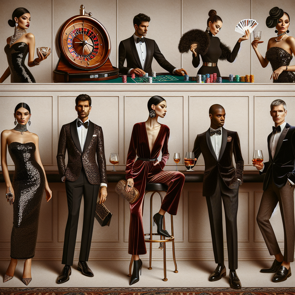 Imagine a spectrum of stylish ensembles ideal for a Casino night. First, visualize a Hispanicesque woman dressed in a classy black sequined cocktail dress holding an ornate clutch, poised and elegantly standing near a roulette wheel. Next, picture a Middle-Eastern man in a sharp obsidian tuxedo, a tie with subtle metallic accents, standing confidently at a poker table. Then, imagine a South Asian woman in an avant-garde velveteen red jumpsuit paired with statement jewelry, tossing a pair of dice at a craps table. Lastly, a white man in a plush velvet blazer, a playful bow tie, and sleek loafers, perched on a bar stool sipping whiskey.