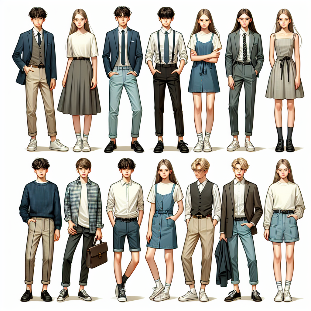 An array of stylish yet effortless outfits suitable for teenagers going for an interview. These should include an assortment of clothing options such as business-casual attire, semi-formal wear, and smart-casual outfits. Depict teens of various descents wearing them aptly, showcasing a balance in gender representation. Include outfits such as blazers combined with jeans for boys, simple A-line skirts paired with collared shirts for girls, and unisex options like befitting trousers and button-down shirts. Accessories like a sleek watch or a tasteful tie could also be displayed. The image should exude a aura of confidence, optimism, and professionalism.