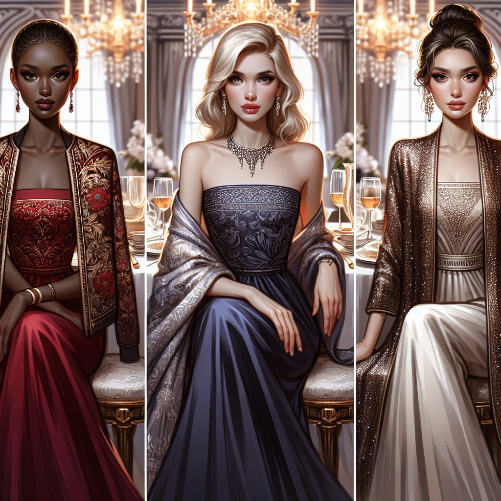 Create an image of three fashionable women, each portraying one of the must-have styles over a tube dress for upscale dining. The first woman, who is Black, models a richly embellished bolero jacket over her garnet-hued tube dress. The second woman, who is of Asian descent, sports an airy pashmina wrap in a jewel tone draped over her midnight-blue tube dress. The final woman, an elegant Middle-Eastern lady, confidently wears an open-front, full-length sequined duster over her crisp white tube dress. All three women are seated in a posh dining setting adorned with crystal chandeliers and gilded furniture.