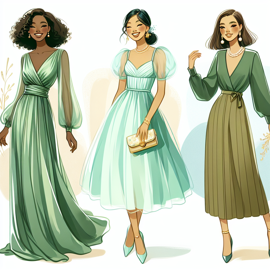 Illustration of three different stylish outfits incorporating green dresses, suitable for attending a wedding. The first outfit features a sea-green, silky floor-length gown worn by an African woman. The second outfit depicts an Asian woman in a playful, mint green midi dress paired with a delicate golden clutch. The last outfit presents an Eastern-European woman donning an olive green shift dress, complemented by pearl earrings. All the women are radiating joy, and the background subtly hints at the festive atmosphere of a wedding.