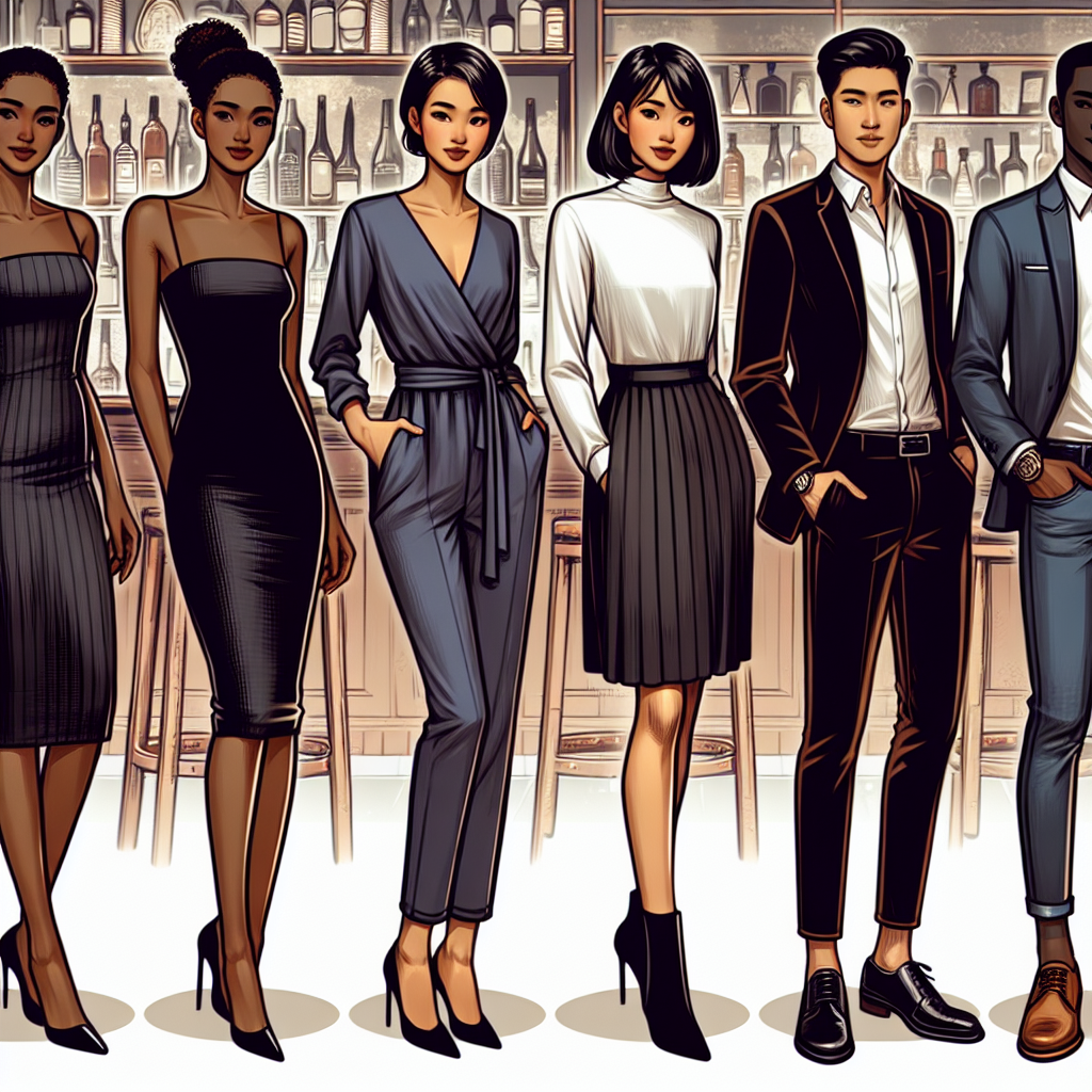 Create an image showing a variety of outfits suitable for a date night at a bar. Showcase a dress with a sleek silhouette and modest heels for a woman of African descent, a chic jumpsuit paired with ankle boots for an Asian woman, and a stylish suit and polished dress shoes for a Caucasian man. Also depict a black man in a smart casual outfit featuring a crisp shirt and jeans alongside loafers. Every outfit should reflect the vibe of a relaxed evening at a bar. Add a touch of ambient bar-like background for context.