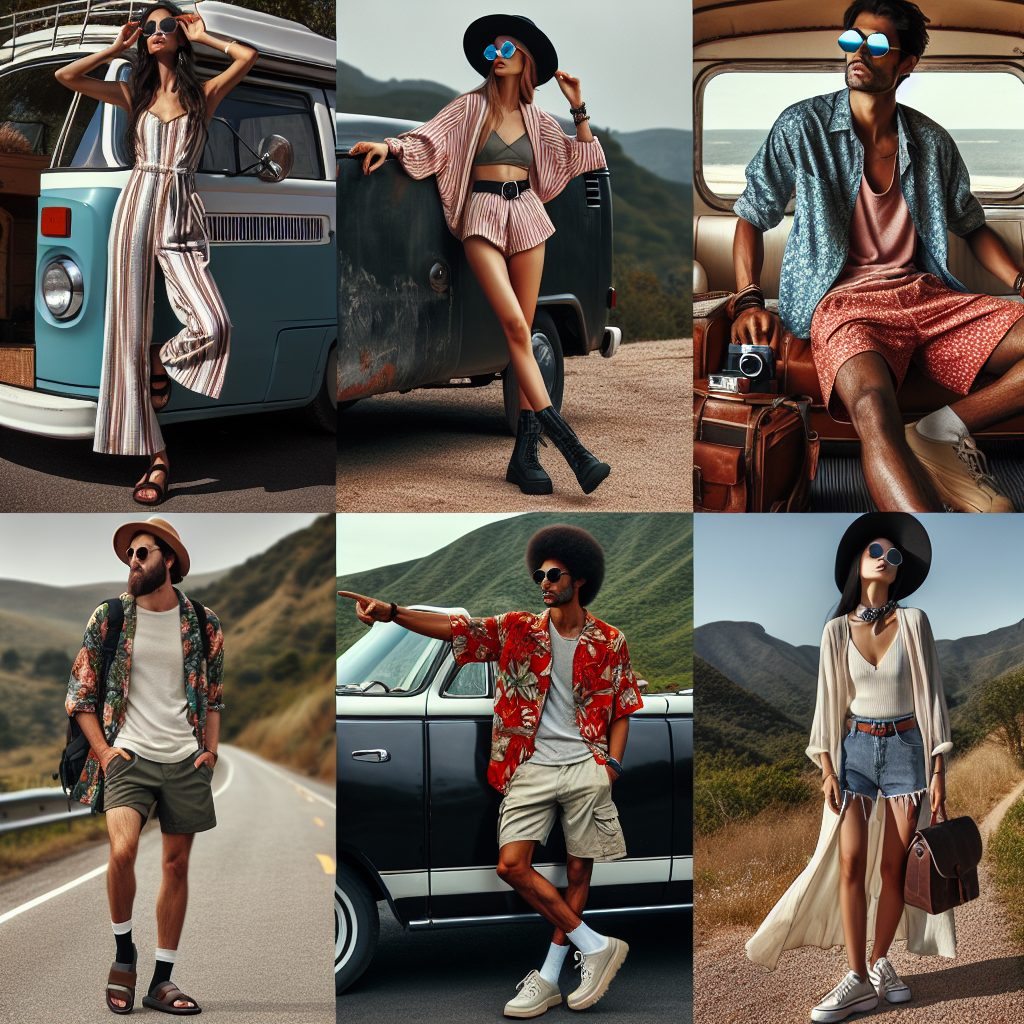 A montage of different individuals each presenting a unique outfit, perfect for a road trip. Imagine a Hispanic woman joyfully modeling a comfortable, yet stylish jumpsuit with bold sunglasses and a wide-brimmed hat, standing beside a vintage camper van. In another frame, view a tall Black man wearing a vibrant Hawaiian shirt, shorts, and durable sandals, gazing out across a scenic highway overlook. Lastly, visualize a South Asian woman garbed in a casual chic dress with comfortable walking shoes, sunglasses in her hand, posing beside a convertible. Each person exudes ease and style, capturing the essence of wanderlust-filled adventure.
