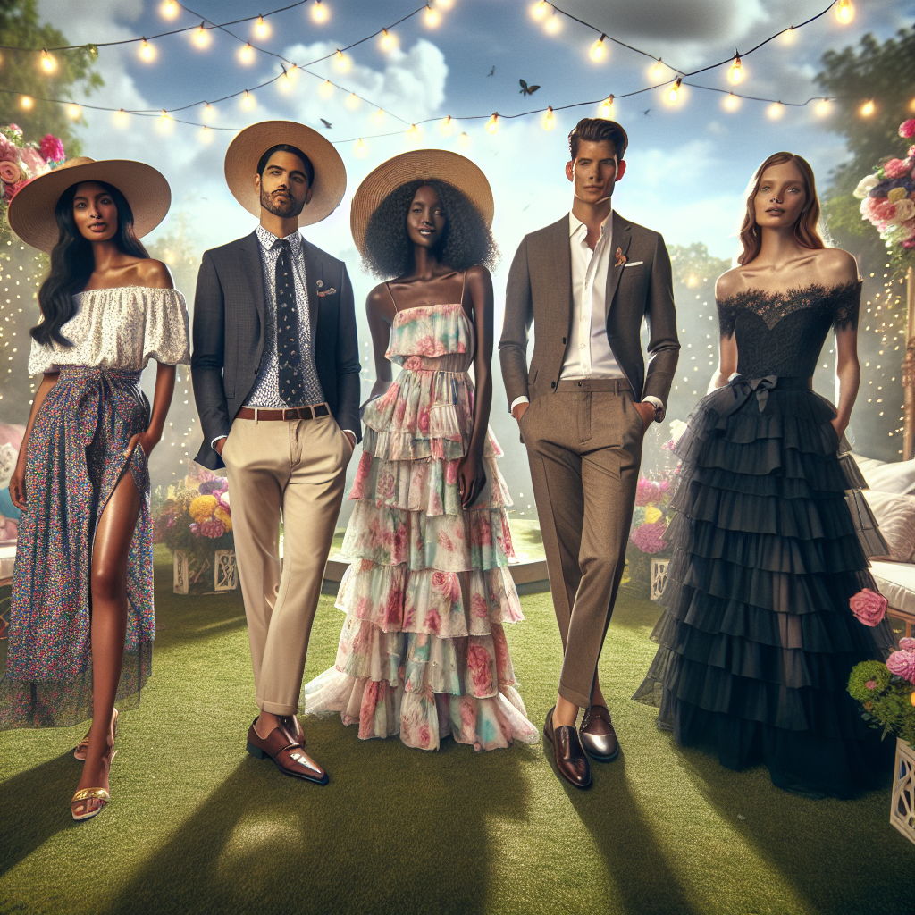 Visualize a lavish garden party scene under a bright summer sky. Four individuals of diverse ethnic backgrounds, namely Caucasian, Hispanic, Black, and Middle-Eastern, are shown. Each person is elegantly dressed in a variety of quincea&ntilde;era guest attire. The first individual, a South Asian woman, is wearing a stylish summer hat and a floral maxi dress. The second individual, a Hispanic man, is dressed in a smart casual shirt and khaki pants. The third, a Black woman, is in an elegant chiffon dress, and the last, a Caucasian man, is wearing a formal suit. The ground is adorned with bright colored flowers and twinkling fairy lights.