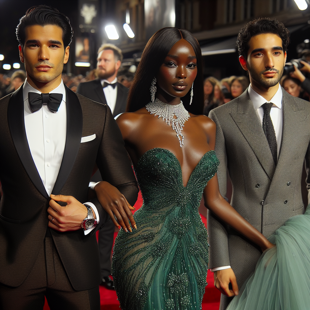 Red Carpet Ready: Must-Have Looks for Premiere Elegance A glamorous evening scene unfolds on the red carpet. A male actor of Hispanic descent, impeccably dressed in a classic black tuxedo with a silk bow tie, holds a lady's hand, a Black actress dressed in a stunning emerald green gown with glittering diamonds around her neck. The South Asian woman standing next to them sports an ice blue gown, the train cascading down the steps behind her. Meanwhile, a Middle-Eastern man poses confidently in a charcoal grey suit, his eyes sparkling under the paparazzi's flashes. They all exude the quintessential elegance of a film premiere.