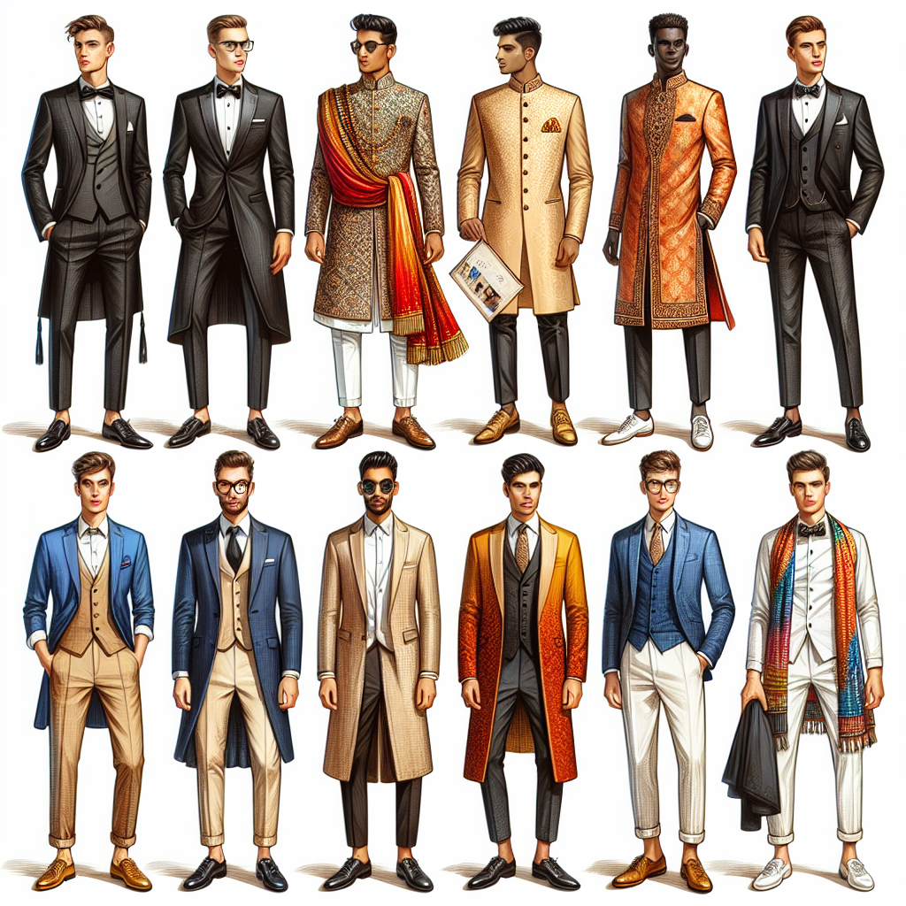 Wedding Style Guide: Stunning Men's Must-Have Looks A comprehensive style guide for men's wedding fashion. The image should encompass various attires suitable for distinct types of weddings - a traditional black tuxedo for conventional ceremonies, a vibrant and colorful sherwani for Indian weddings, and a comfortable linen suit for beach ceremonies. Additionally, showcase a range of essential accessories such as cufflinks, bow ties, and shoes. Each outfit model should be a male of different descent including Caucasian, Black, Hispanic, Middle-Eastern, and South Asian, to celebrate the beauty of diverse cultures.