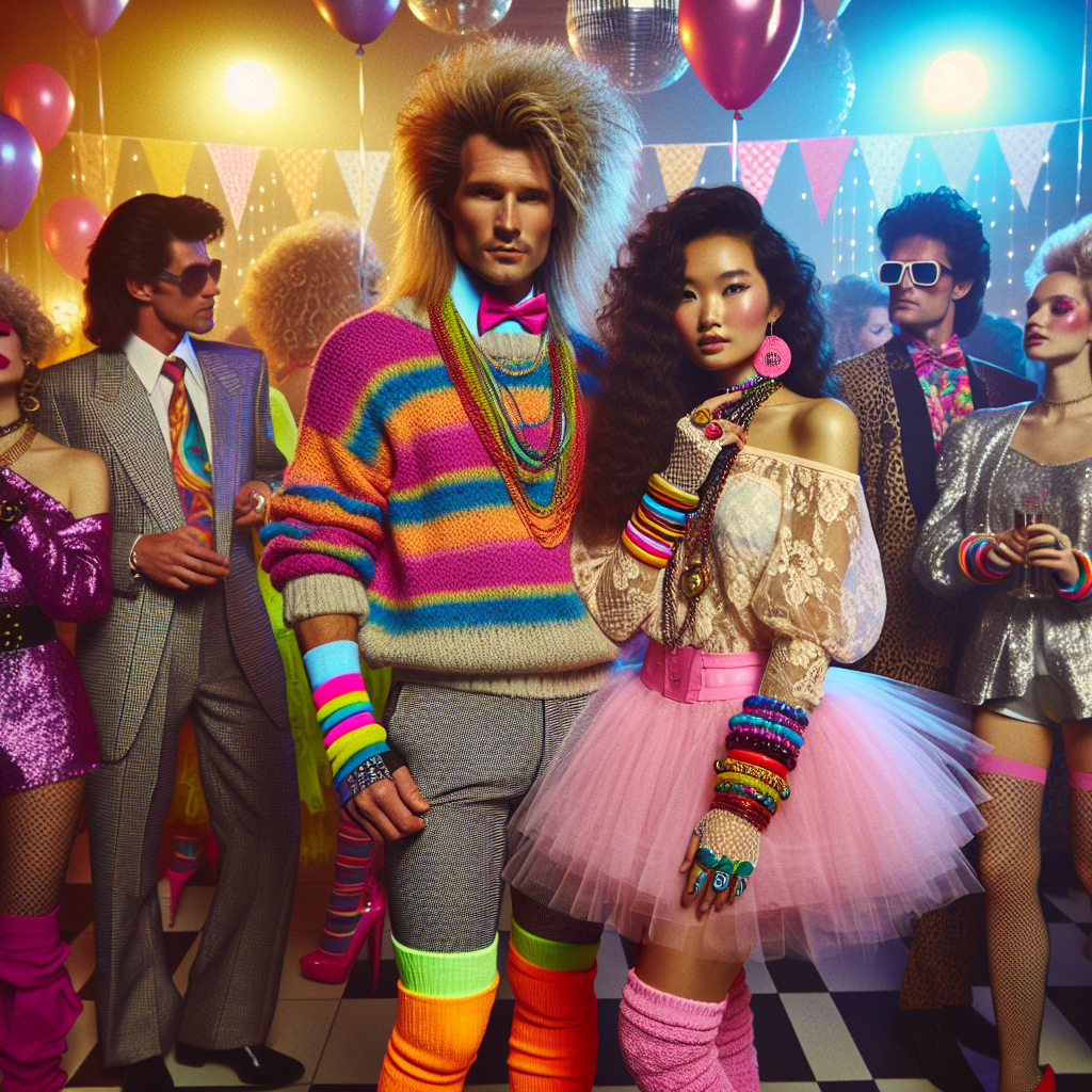 Imagine a scene exemplifying 80s party style. Picture an Asian woman with neon leg warmers, an oversize sweater, and crimped hair, a flamboyant Caucasian man with a brightly colored suit, fingerless gloves, and a mullet, and a Middle-Eastern woman embodying Madonna's iconic look with a lace top, tulle skirt, and an abundance of bangles. The background is a lively party full of colorful balloons, disco lights and guests rocking shoulder pads, big hair, and loud patterns. 