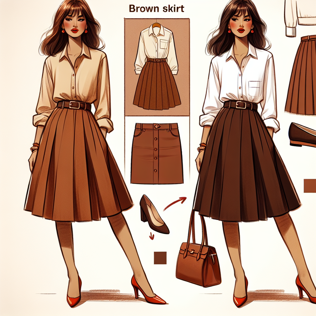 Style Guide: What to Wear with a Brown Skirt - Elegant Essentials Create an image illustrating a style guide on matching a brown skirt, focusing on elegance and simplicity. Picture a woman of South Asian descent elegantly dressed in a brown skirt paired with a cream-colored button-up shirt and bright red heels. The woman has a matching brown bag dangling from her bent elbow. Additionally, visualize a mood board on the side, showing the brown skirt matched with essentials like a white shirt, popped-collar denim jacket, and black ballet flats.