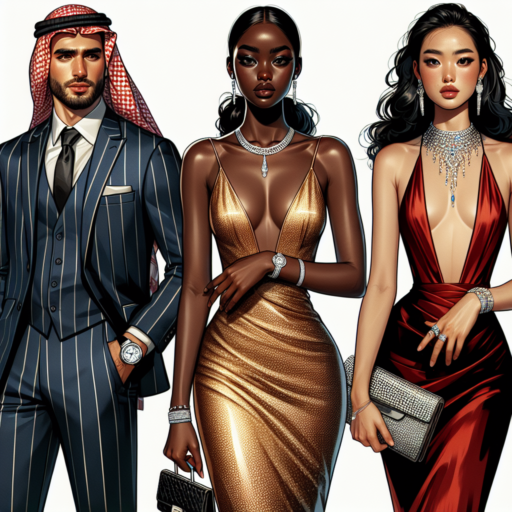 An image showing three characters of various descents, Middle-Eastern male, Black female, and Asian female, getting ready for a casino night. The Middle-Eastern male wears a crisp tailored navy-blue suit, polished black shoes, and a red silk tie. The accessory of choice is a silver watch. The Black female is dressed in a sparkling golden sheath dress along with exquisite diamond jewelry. The Asian female is in a breathtaking red backless long dress, holding a clutch purse adorned with rhinestones. They all exhibit an expression of confidence and effortless elegance.