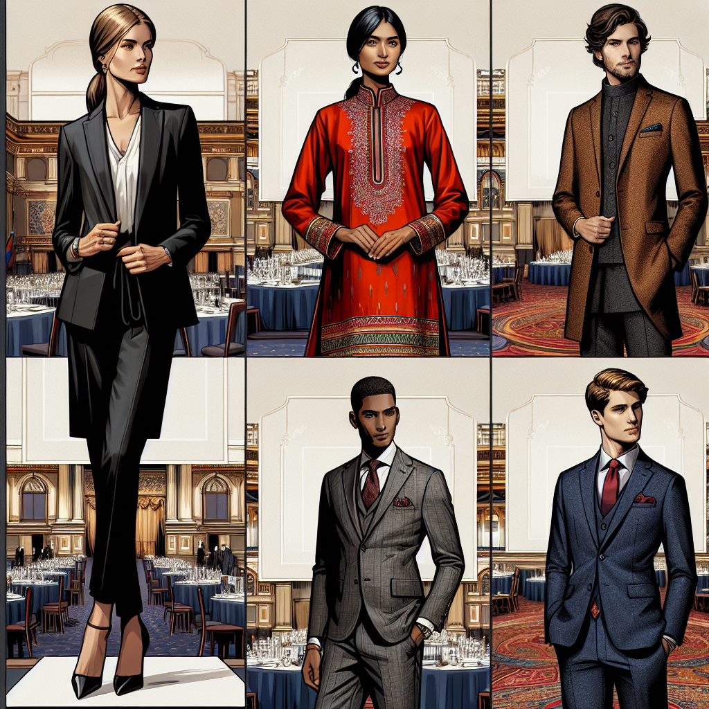 Show a collection of four fashion-forward outfits suitable for a professional political gathering. Picture these against a backdrop of an elegant event hall. The first outfit is a sophisticated black pantsuit worn by a Caucasian businesswoman. The second is a traditionally inspired, vibrant red silk kurta ensemble donned by a South Asian man. The third depicts a black man in a neatly tailored grey tweed suit. The fourth illustrates an East Asian woman styled in a sharp navy blue skirt suit. Display these diverse outfits and individuals in a way that conveys their readiness for a high-stakes political event.