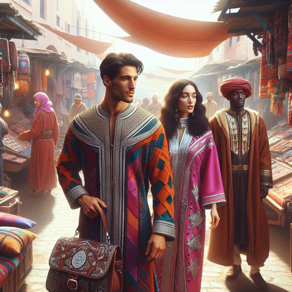 Stunning Outfits for Unforgettable Morocco Rides Imagine a bustling Moroccan market filled with vibrant colors, bustling traders, and a variety of goods for sale. Title it 'Unforgettable Morocco Rides.' In the foreground, we see a South-Asian man, wearing an outfit of a traditional Moroccan djellaba with intricate geometric patterns in a palette of fiery orange and cool turquoise. A Hispanic woman next to him wears a kaftan in a bold fuchsia hue embroidered with silver threadwork. On the path, a Black man dressed in a burnished gold takchita with elaborate beadwork pauses to admire a handcrafted leather bag. They are ready for their unforgettable rides through Morocco's varied landscapes.