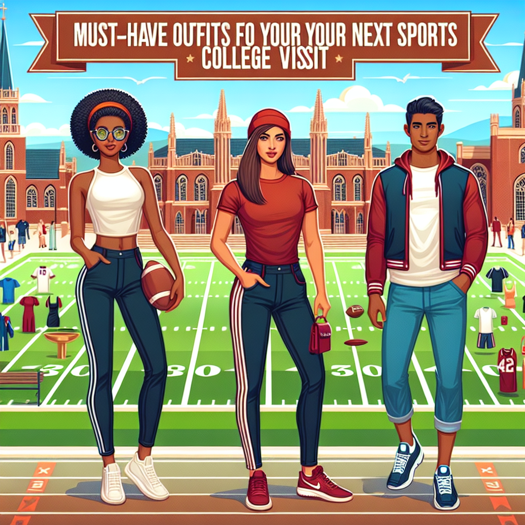 Imagine a scene at a bustling college campus teeming with sports activity. The middle of the scene displays three people of different descents showing ideal outfits for visiting a sports college. One is a Black woman in stylish athleisure wear, a Hispanic man in smart-casual sports attire, and a South Asian woman in a sporty yet sophisticated ensemble. In the backdrop, iconic symbols of college sports, like a football field, a gymnasium, and a pool, are visible under a clear afternoon sky. A banner across the top of the scene reads 'Must-Have Outfits for Your Next Sports College Visit'.