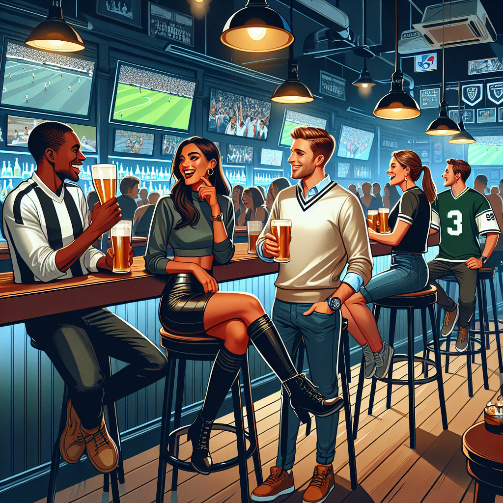 Stunning Sports Bar Outfits: Find Your Perfect Look Illustrate a lively sports bar atmosphere. Visualize a crowd of diverse individuals enjoying their time. A Caucasian man in smart casual attire, holding a pint of beer is laughing with a Middle Eastern female friend who's wearing a fashionable, sporty outfit. A black woman, on a nearby stool, is wearing a stylish, comfortable outfit suitable for the sports bar, chatting animatedly to her South Asian male friend who sports a jersey. In the background, screens are displaying various sports events. The interiors boast athletic-themed decorations and dim, warm lighting.