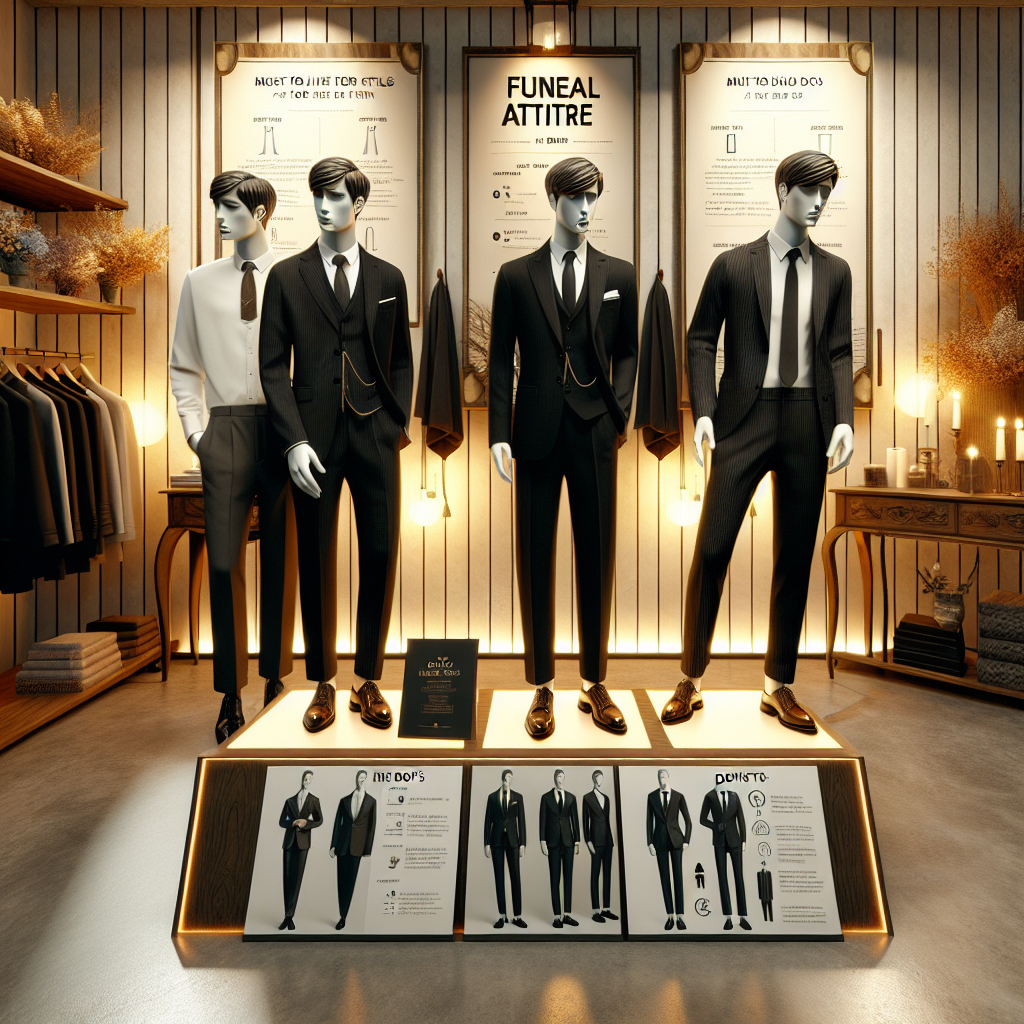 Funeral Attire Guide: Must-Have Styles for Men Visual representation of a funeral attire guide focused on must-have styles for men. The scene unfolds in a tastefully decorated boutique with a somber yet sophisticated atmosphere. There are three mannequins of various descents – one Caucasian, one Asian, and one Middle-Eastern, each impeccably dressed in a traditional funeral attire, namely, a black suit, white shirt, a conservative tie, and polished shoes. There is a printed guide next to each mannequin highlighting the do's and don'ts of funeral attire. The setting is completed with a mirror reflecting the setup and warm light illuminating the scene.