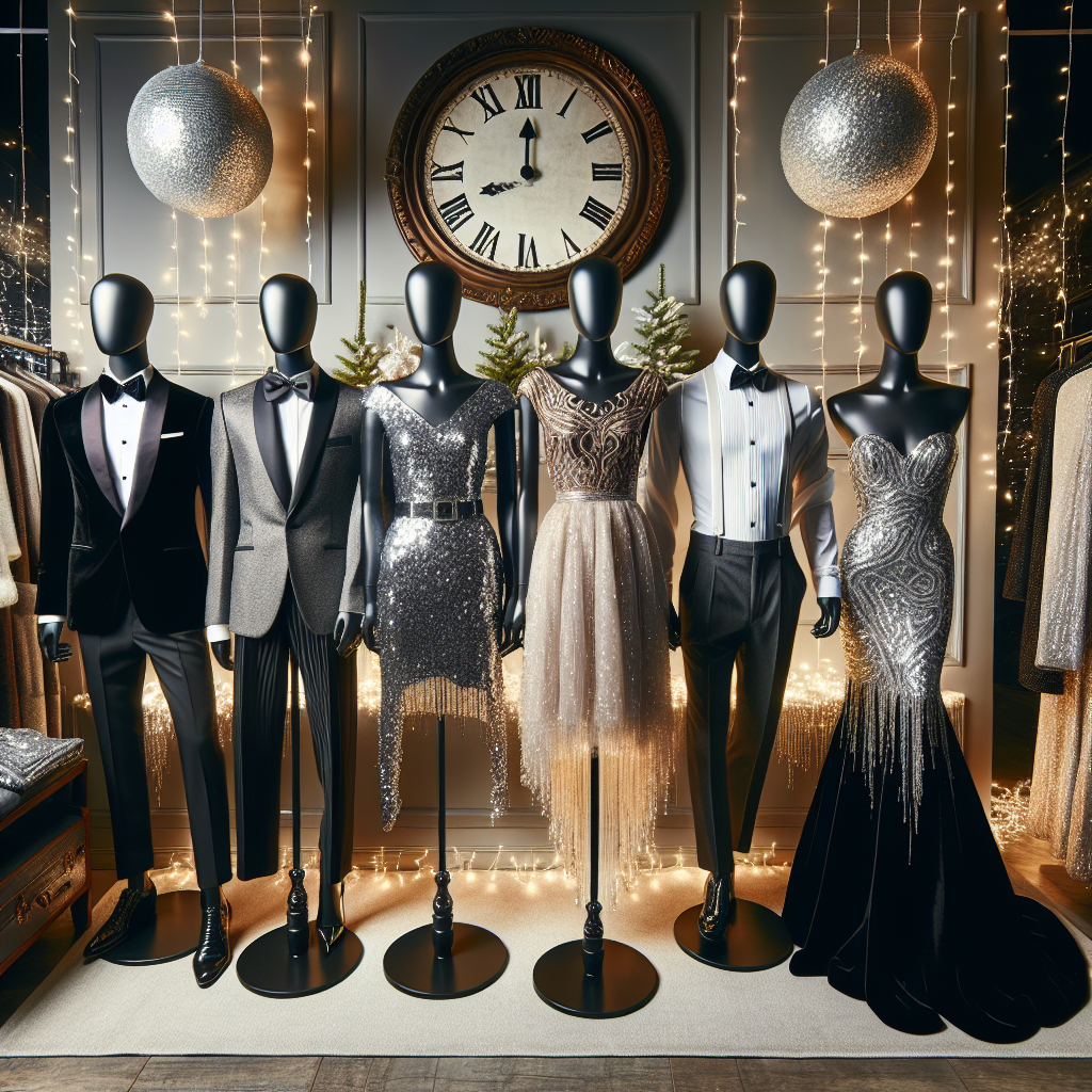 Create an image showcasing an elegant New Year's Eve fashion display. Place five different sets of clothing on tailor mannequins in a chic boutique setting. The outfits should consist of the following: first, a black tuxedo with a sparkling bow tie; second, a silver sequin cocktail dress with matching heels; third, a Middle Eastern styled evening gown with intricate beading; fourth, a classic white dress shirt with cufflinks and tapered trousers worn by a South Asian mannequin; and lastly, a black velvet evening gown with a cascading trail worn by an African woman mannequin. A background of twinkling fairy lights and a large wall clock striking midnight will set the holiday mood.