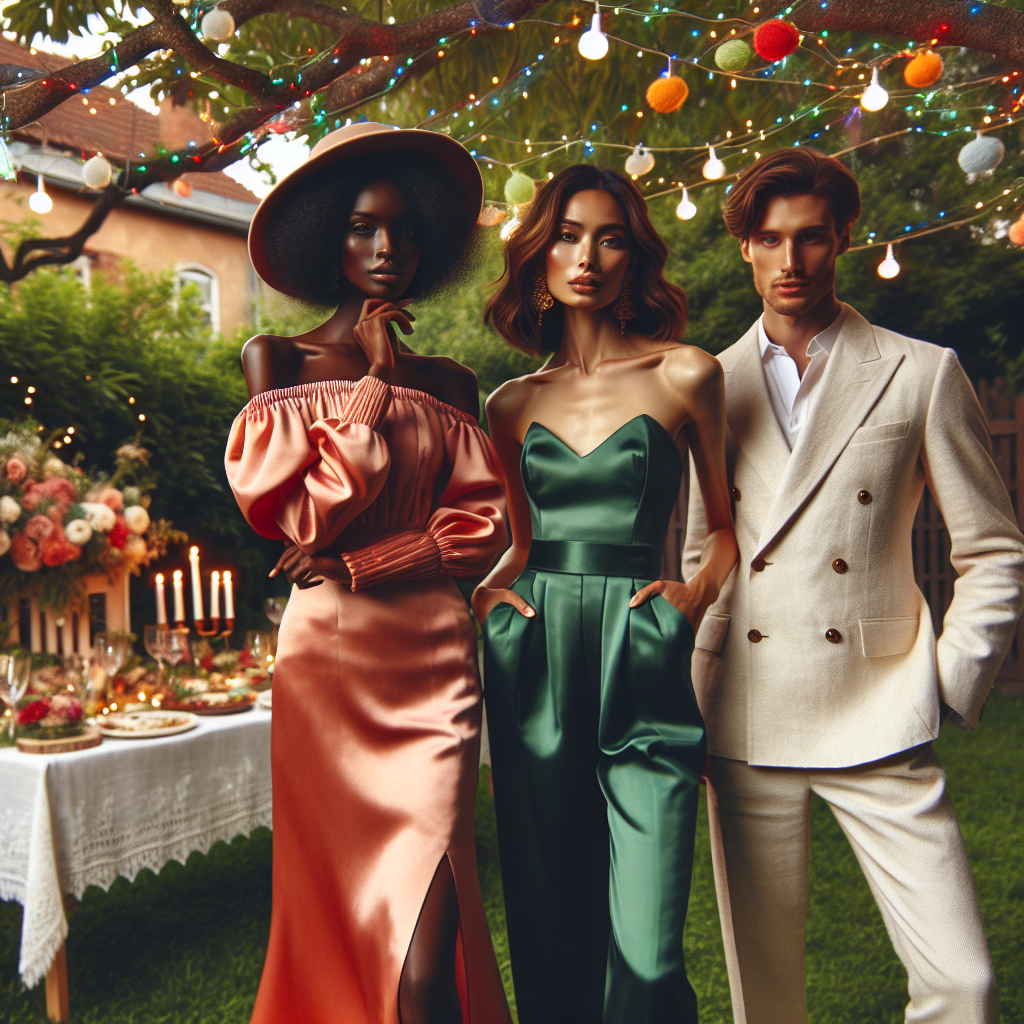 Stunning Outfits for Backyard Weddings: Effortless Elegance Visualize an elegant outdoor backyard wedding scene. Capture the vibrant ambience with multi-colored fairy lights draped across lush green trees. Focus on three attendees showing off their stunning wedding outfits. The first is an African woman in an off-shoulder, knee-length, coral silk dress with a chic hat. The second is an Asian woman exuding style in a sophisticated emerald-green jumpsuit with dangling gold earrings. The third is a Caucasian man in a smart, casual off-white linen suit. Pepper the setting with beautiful flowers and a tastefully decorated table with wedding delicacies.