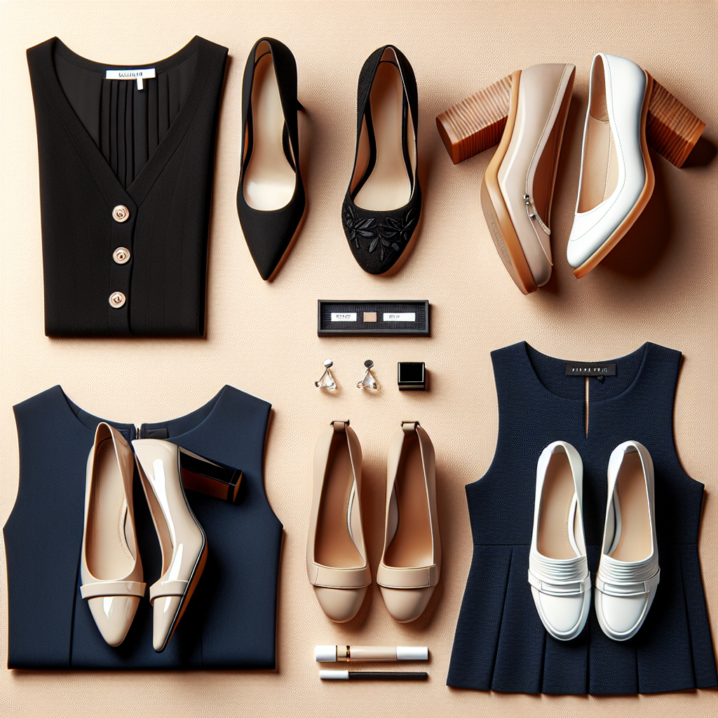 Must-Have Shoes for Navy Dresses: Best Picks for Interviews A creative arrangement showcasing three pairs of must-have shoes, each unique yet seamlessly matching with a navy blue dress. The first pair is a classic set of black professional stilettos, the second is a set of nude-colored block heels, and the third is a pair of sophisticated white loafers. The navy dress is displayed in the background providing a flattering contrast to the shoe options. Added features are a concise style guide in the corner and text overlays highlighting the shoes as 'Best Picks for Interviews'.