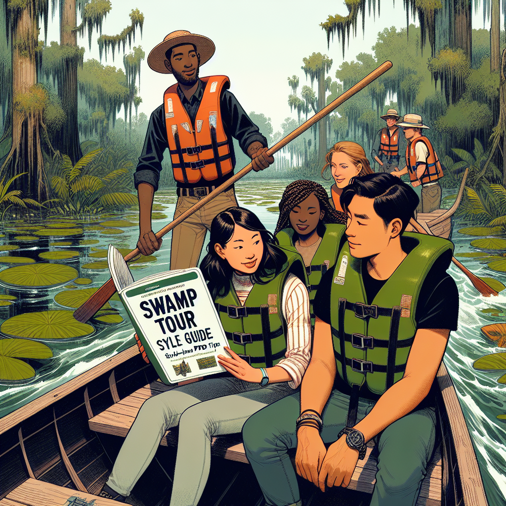 Illustrate a detailed scene of a swamp tour. Picture a diverse group of people, including an Asian woman and a Black man, wearing personal flotation devices (PFDs). The woman is clutching onto a laminated style guide with 'Swamp Tour Style Guide: Must-Have PFD Tips' emblazoned on the cover. They are navigating through the murky waters, surrounded by lush greenery and various wildlife typical of a swamp setting. They are riding on a rustic wooden boat guided by a Caucasian tour guide who is skillfully maneuvering the boat with a long pole.