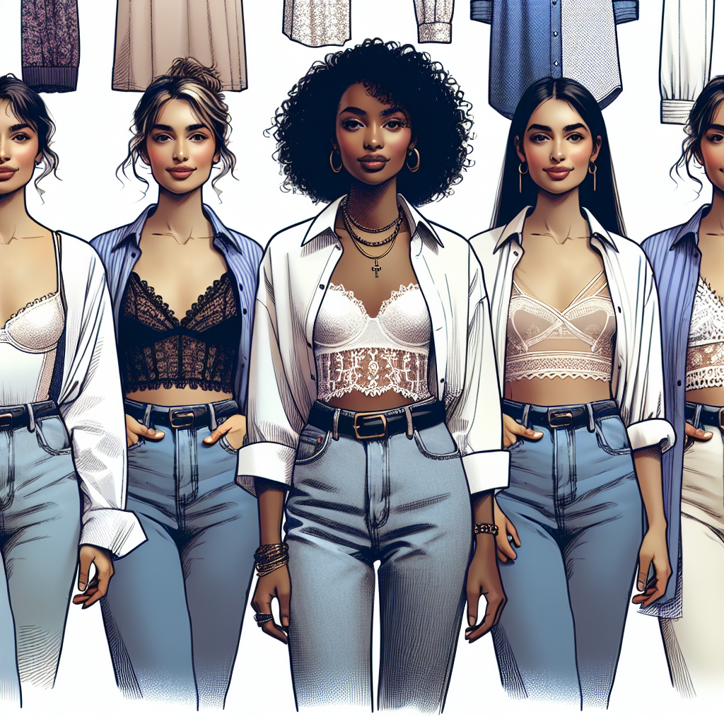 Generate a vibrant and informative fashion guide concept art illustrating an array of layering options under a shirt for women. The ensemble should include various style inspirations from chic to casual. Picture one Caucasian woman in a lace bandeau under a semi-sheer white shirt, another Black woman wearing a strappy bralette under a button-down shirt, and a Middle-Eastern woman showcasing a tank top underneath a chambray shirt. Highlight the diversity and creativity in fashion choices to educate and inspire readers. Preferably, design the image with a light-hearted and modern aesthetic.