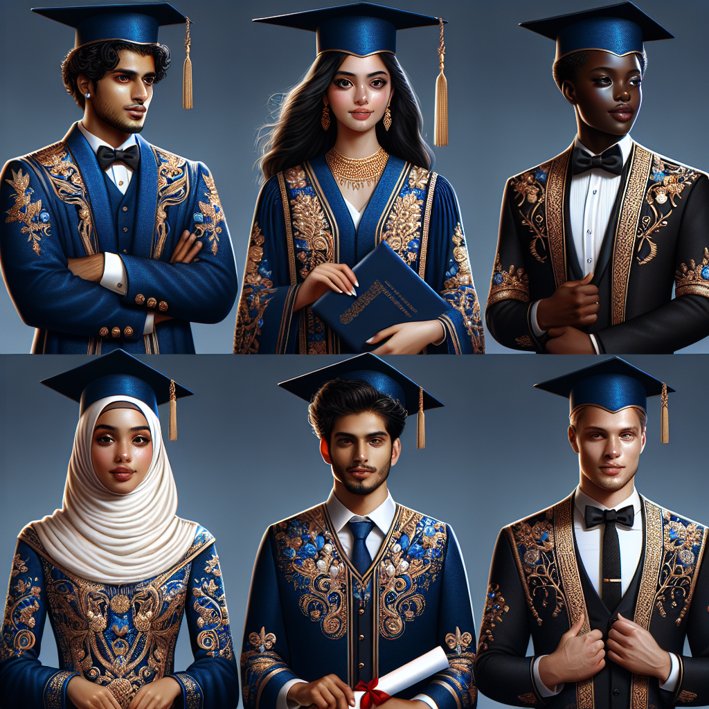 Graduation Outfits: Find Your Stunning Look Showcase a range of graduation outfits for college students from different cultures and regions around the global. Picture a Middle-Eastern woman confidently wearing a tastefully embroidered cap and gown, a South Asian man flaunting a traditionally embellished graduation robe, a Black woman in a beautifully styled academic dress, and a Caucasian man clad in a classic tuxedo under his graduation gown. Each individual's outfit should consistently be on the theme of radiant blue with gold details, reflecting the colors usually associated with graduation ceremonies. These stunning outfits should be accented by the iconic graduation cap and the prized diploma in their hands.