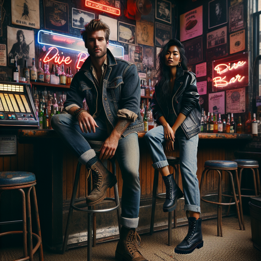 Create an image of a dimly lit, grunge-style dive bar brimming with diverse personalities. Envision a Caucasian male in his 30s at the bar stool, sporting a casual, laid-back outfit consisting of a worn-in denim jacket, rugged boots, and a plain white shirt. Nearby, a South Asian woman in her mid-20s is embodying the effortless dive bar aesthetic with her loose, black leather jacket, distressed jeans, and high top sneakers. The background should be full of vintage bar elements &ndash; neon signs, old vinyl records on the wall, and a jukebox tucked away in a corner. The image should capture the raw, casual vibe of a dive bar.