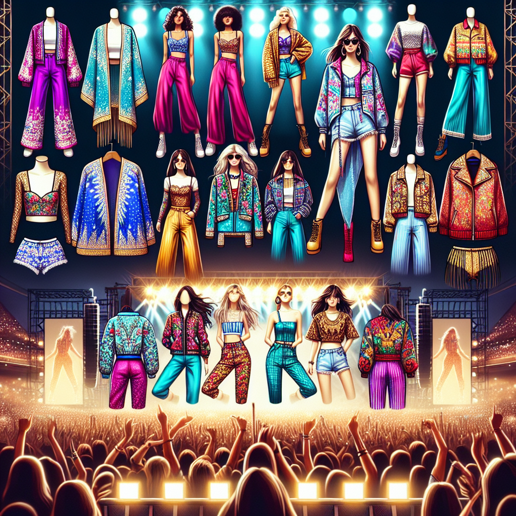 Imagine a collection of high-quality concert outfits perfect for attending a pop concert. Visualize a variety of style options for both men and women such as embellished jackets, trendy wide-leg pants, vibrant crop tops, chic mini-dresses, and comfy athleisure wear. The colour palette is dominated by radiant hues like fuchsia, aqua, and golden-yellow, as well as striking patterns like animal prints and stripes. Set against a concert setting backdrop, with illuminated stage lights and a frenzied crowd eagerly waiting for the concert to start. Provide a balanced representation of different descents like Caucasian, Hispanic, and South Asian, among others.