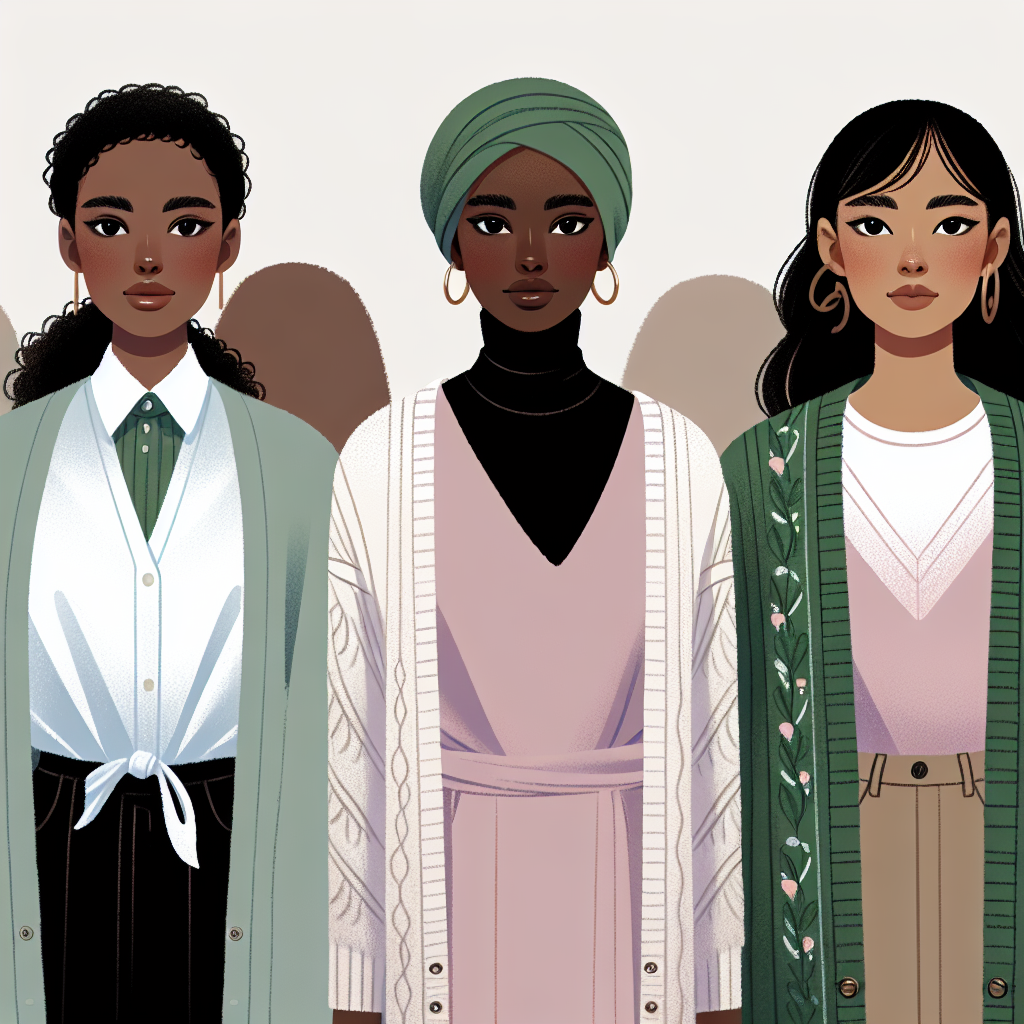 What to Wear Under a Cardigan: Chic, Safe Styles Visualize a fashion guide about what to wear under a cardigan. Display three different chic and safe styles on women of diverse descents. Style 1: A white silk blouse on a Caucasian woman, paired with her grey cardigan. Style 2: A black turtle neck top on an African woman, underneath a beige cardigan. Style 3: A pastel pink tank top on an Asian woman, together with her forest green cardigan. Each woman presents herself confidently with the cardigan slightly open to show the top underneath.