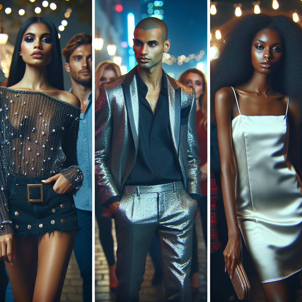 Must-Have Night Club Looks: Effortlessly Chic A bustling nightlife scene with people of diverse descents and genders. Focus on three individual outfits, each representing a must-have night club look. The first outfit is a sleek, black ensemble adorned with shimmering sequins on a Hispanic woman. The second is a flashy, metallic jumpsuit on a vibrant South Asian man. Finally, a chic, minimalistic white dress on a confident Black woman. All three individuals exude an aura of effortless style and sophistication, encapsulating the essence of chic night club fashion.