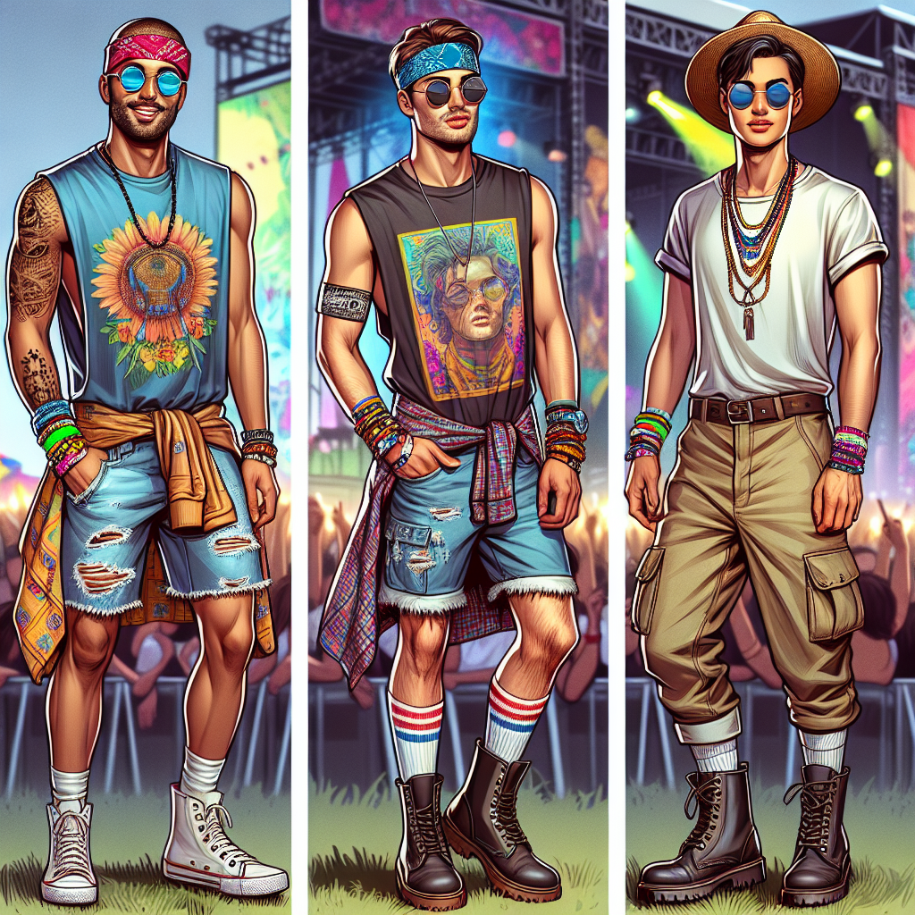 Depict an engaging scene at a vibrant music festival. Show a casually dressed man of Black descent, wearing trendy sunglasses, a printed bandana, and a bright graphic tank top, paired with frayed denim shorts and sturdy boots. Showcase a man of Caucasian descent with a loose, bohemian-style shirt, cut-off shorts, comfortable sneakers, accessorized with a straw hat and a beaded necklace. Finally, show a South Asian man in a classic concert T-shirt, cargo pants and a pair of sturdy ankle boots, with neon-colored wristbands. Include an atmosphere charged with music and fun for these festival-goers.