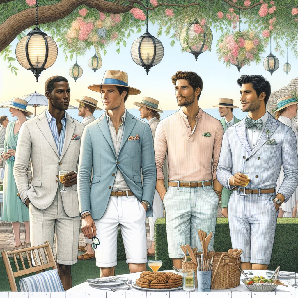 A detailed image showing a garden party in full swing with a diverse group of men showing off their ideal garden party attire. A Black man is wearing a light linen suit with a matching sun hat. A Caucasian man is sporting a casual polo shirt with chino shorts. A Middle-Eastern man is rocking a pastel-colored summer shirt with white trousers. A South-Asian man is dressed in a seersucker suit with a bowtie. Around them, there are decorative lanterns hanging from tree branches, tastefully arranged garden furniture, a buffet table, and guests mingling, all under a sunny afternoon sky.